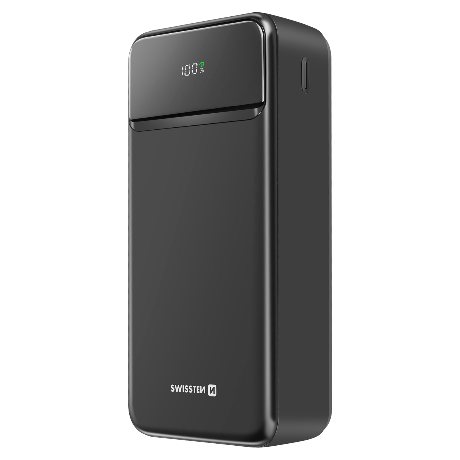 Schwarze Powerbank mit 100% Anzeige. Swisssten-Logo sichtbar. Einfaches, rechteckiges Design.