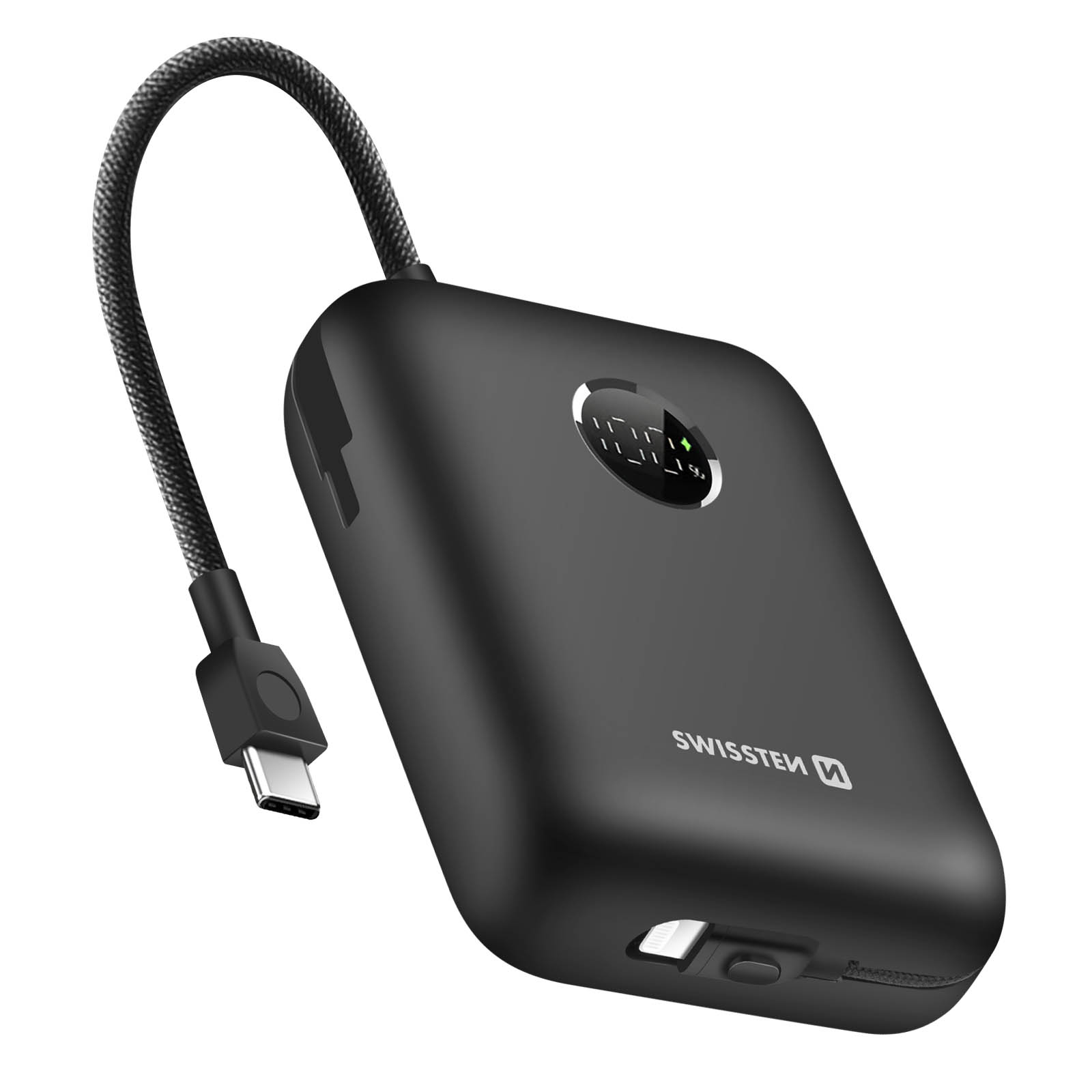 Eine schwarze Powerbank mit angeschlossenem Kabel. Es hat ein kleines Display.