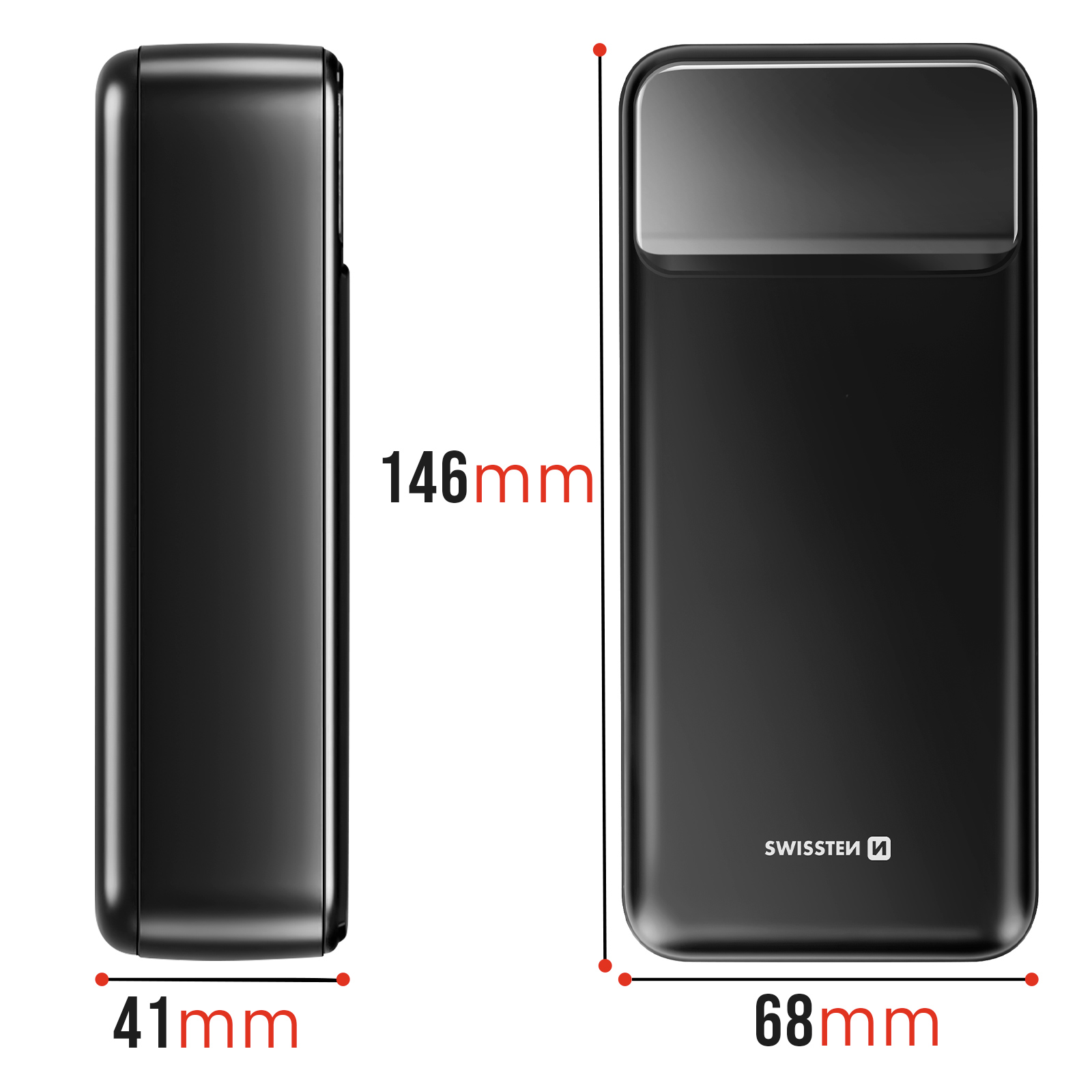 Eine schwarze Powerbank. Abmessungen sind angegeben: 146 mm x 68 mm x 41 mm.