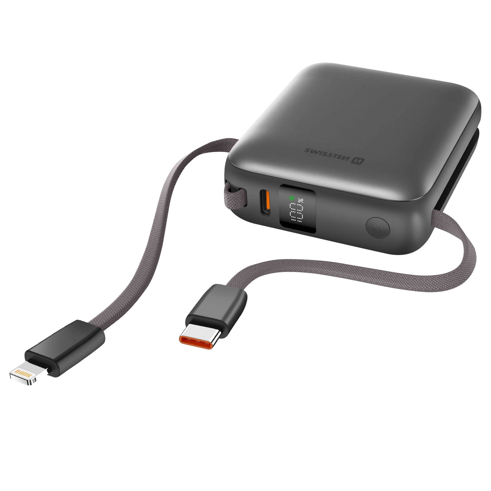 Graue Powerbank mit Lightning- und USB-C-Kabeln. Anzeige zeigt 100%.