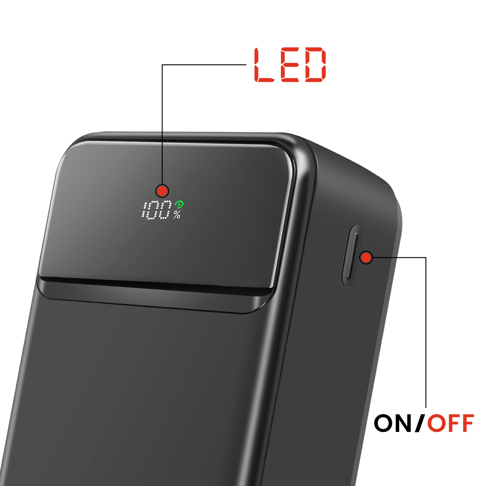 Schwarze Powerbank, zeigt 100% auf dem Display. Ein/Aus-Taste und LED-Anzeige.