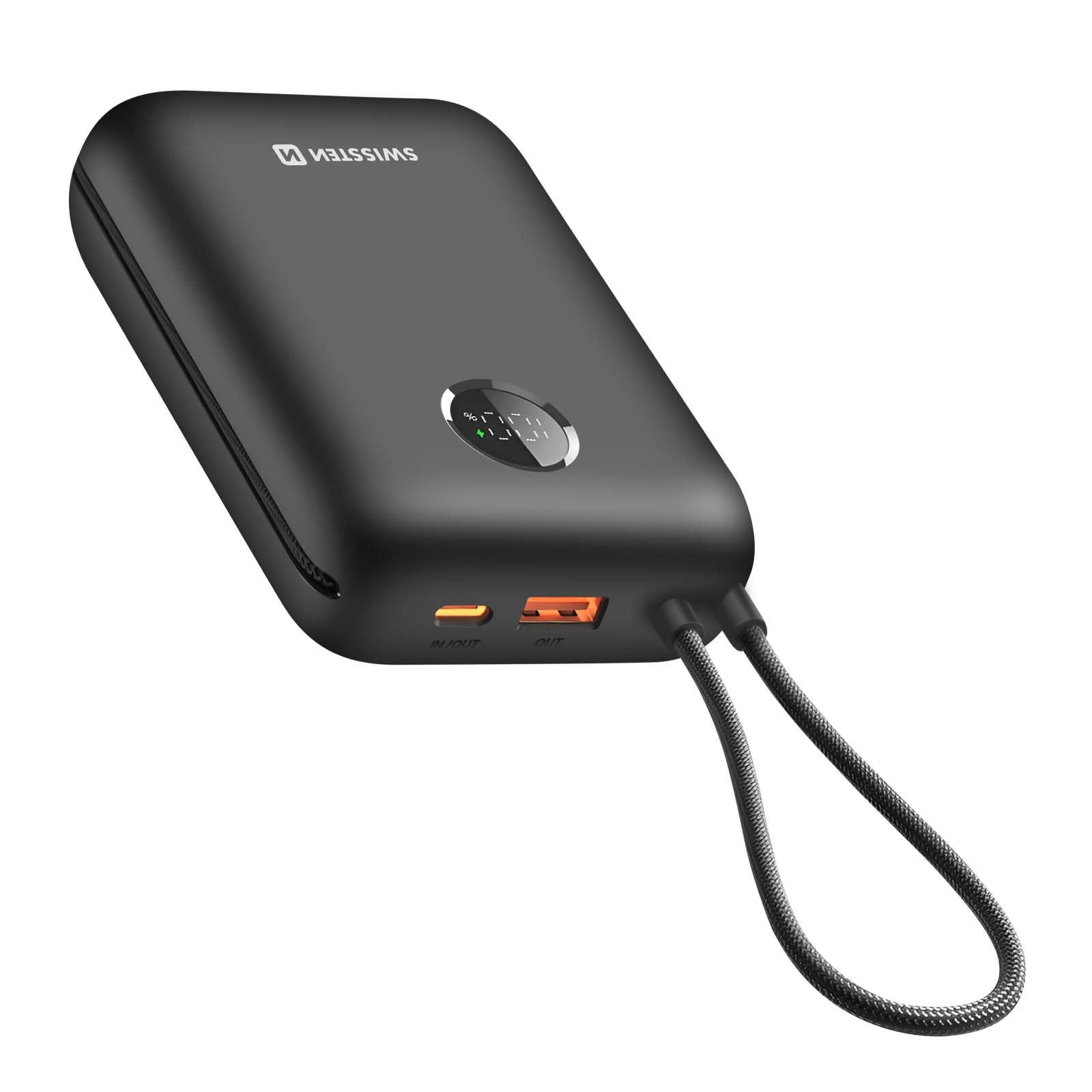 Schwarze Powerbank mit zwei Ausgangsanschlüssen und einer Schlaufe. Anzeige zeigt 100%.