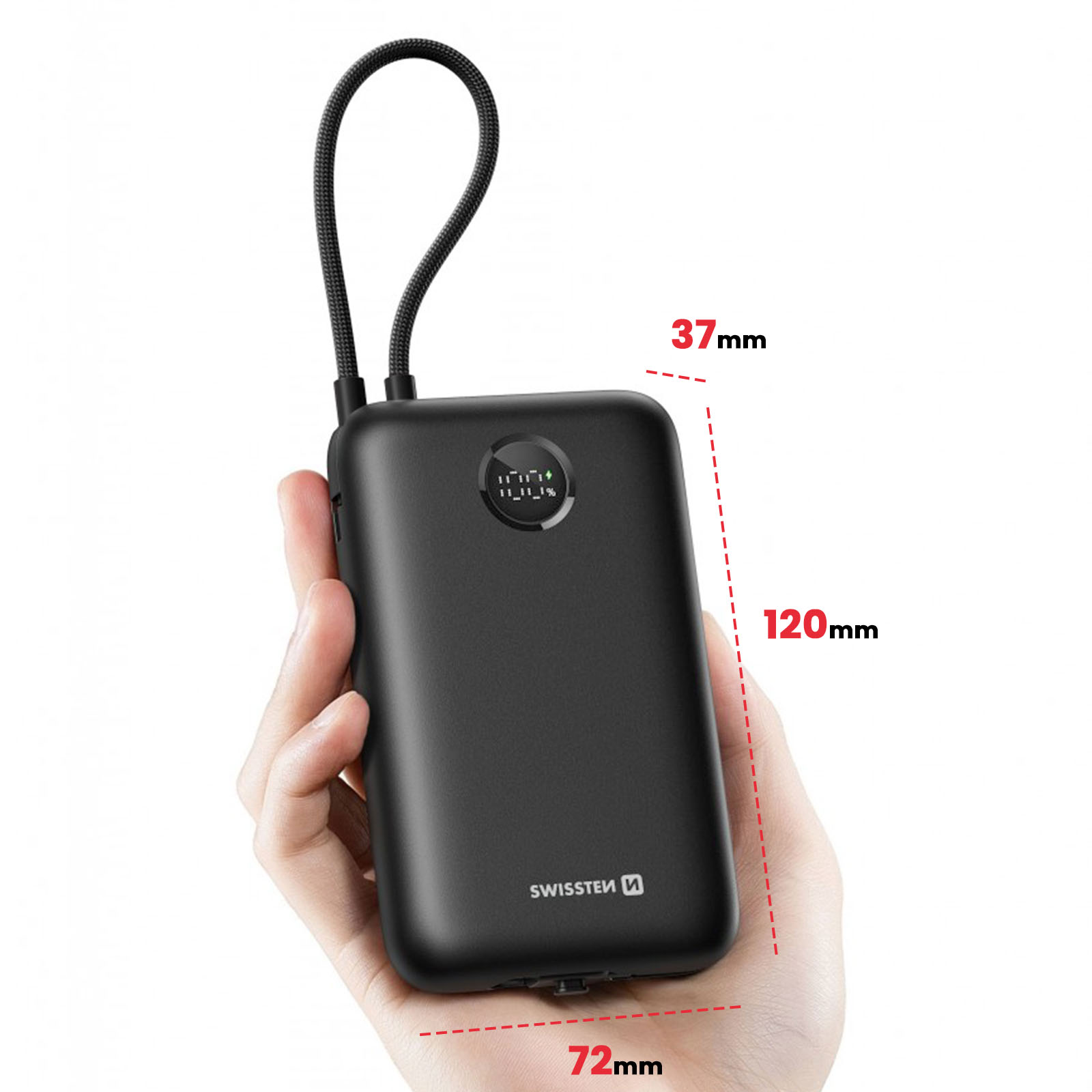 Hand hält eine schwarze Powerbank. Anzeige zeigt 100%. Abmessungen: 120mm x 72mm x 37mm.
