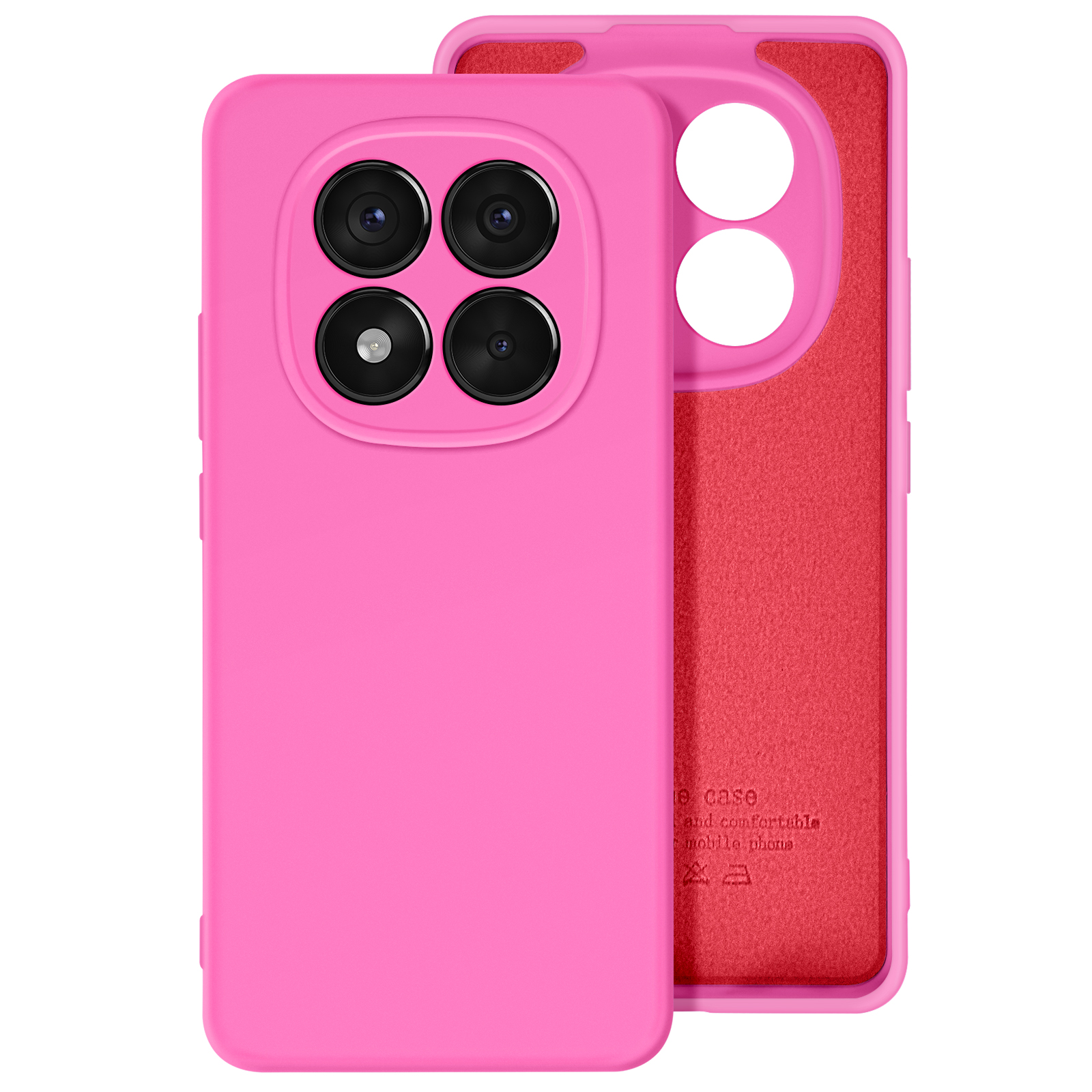 Custodia rosa per telefono, con quattro fori per la fotocamera. Telefono nero all'interno. Interno rosso.