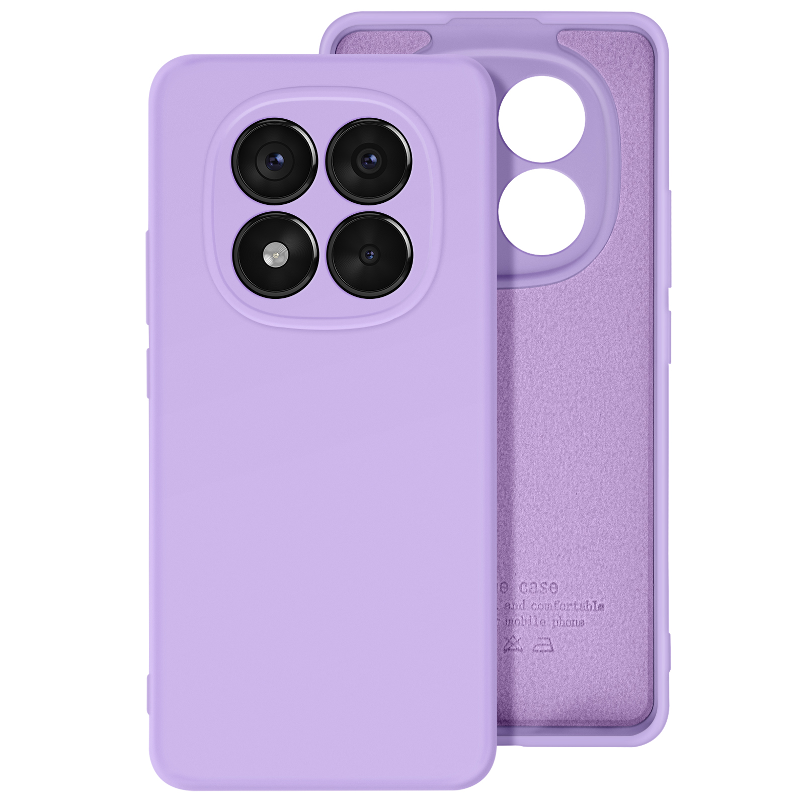 Custodia lilla per telefono con quattro fori per fotocamera, che copre un telefono nero. Interno viola.