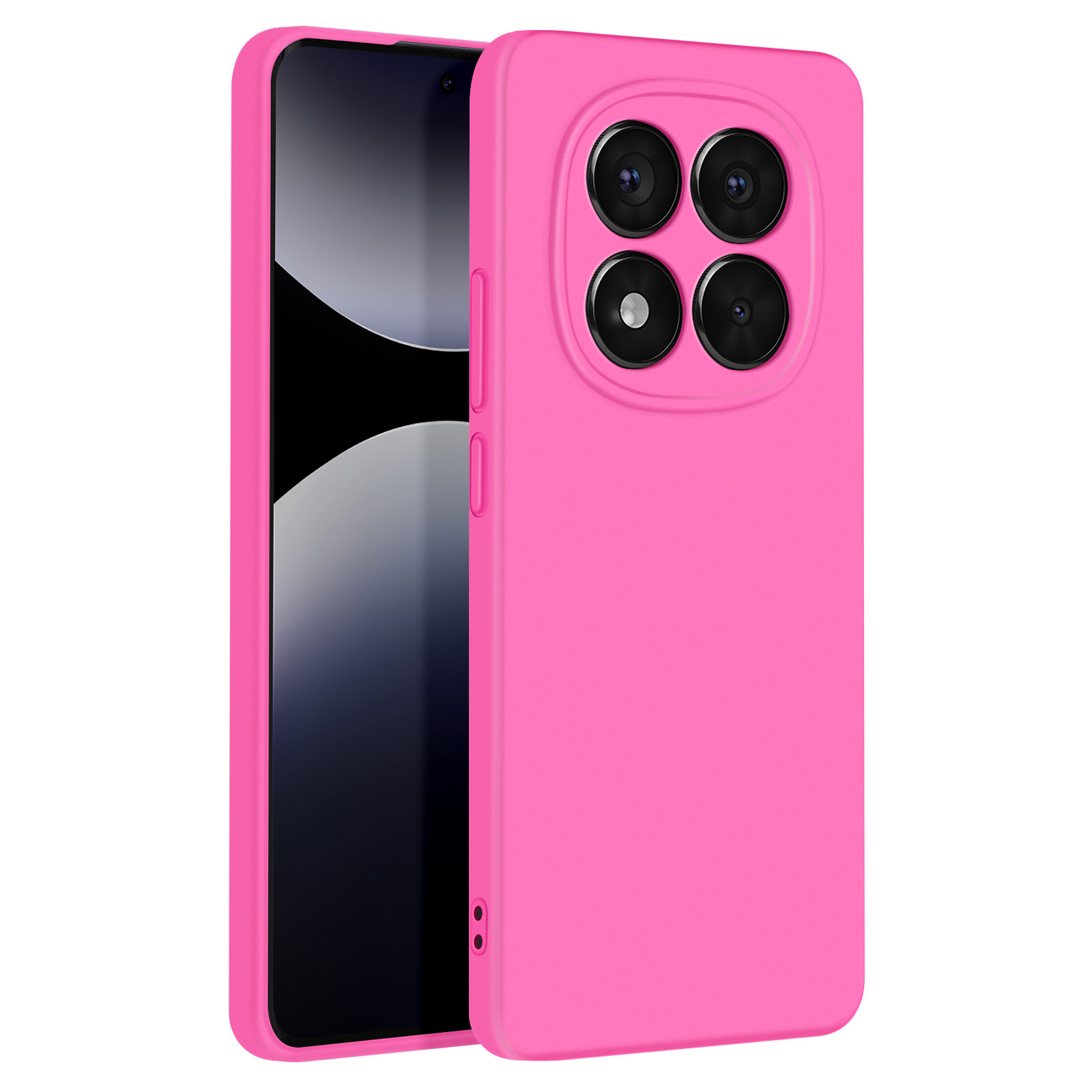 Una custodia rosa per smartphone con quattro obiettivi e schermo nero.