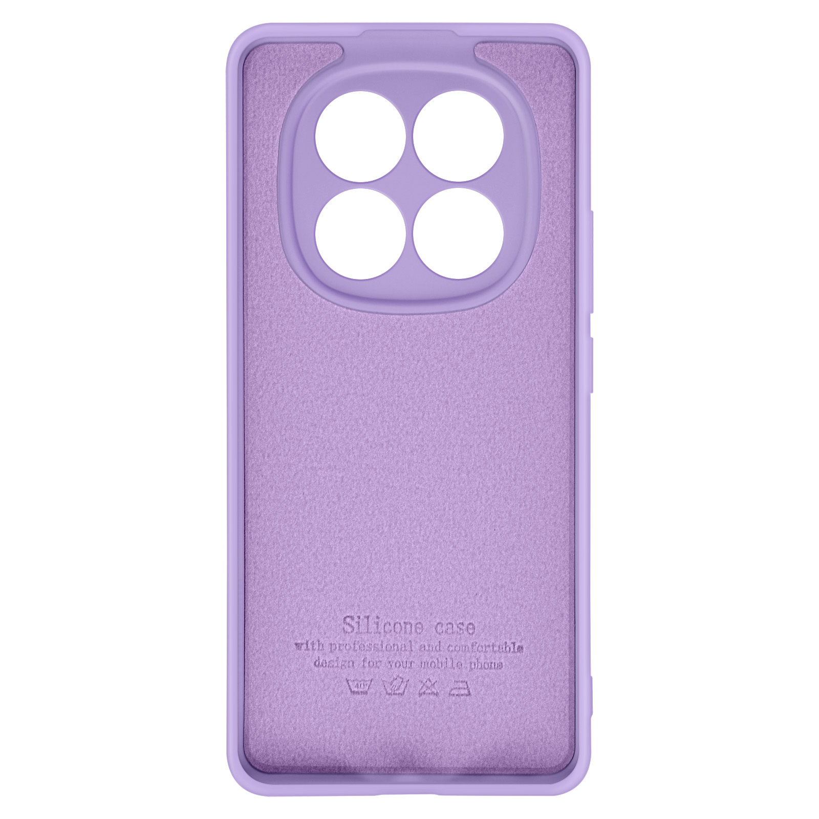 Custodia per telefono in silicone viola con quattro fori circolari per fotocamera e testo: Custodia in silicone, design professionale.