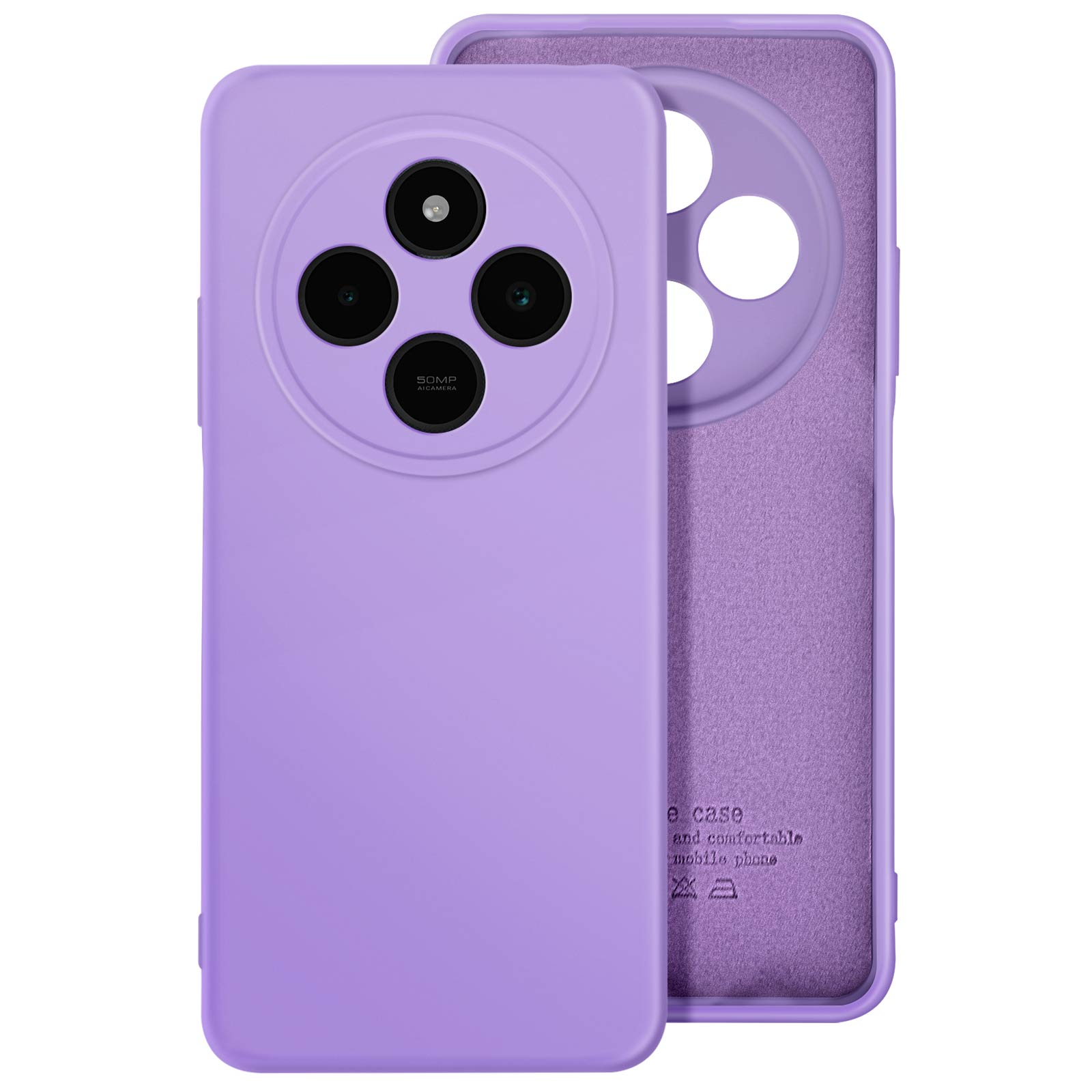 Una custodia viola per smartphone con quattro obiettivi. L'interno è di un colore viola più chiaro.