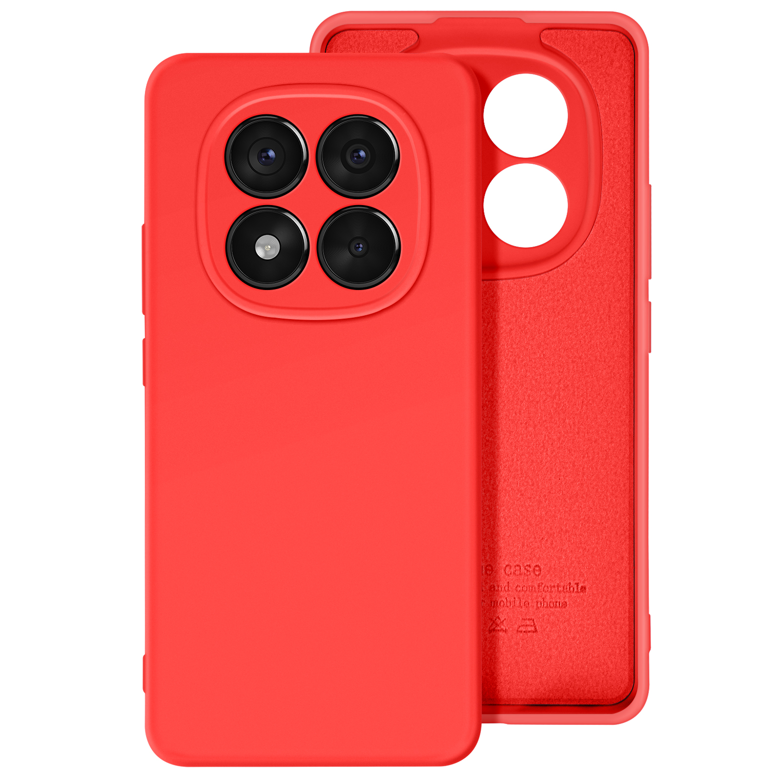 Due custodie per telefono rosse. La custodia anteriore mostra i ritagli della fotocamera. L'interno è rosso con testo.