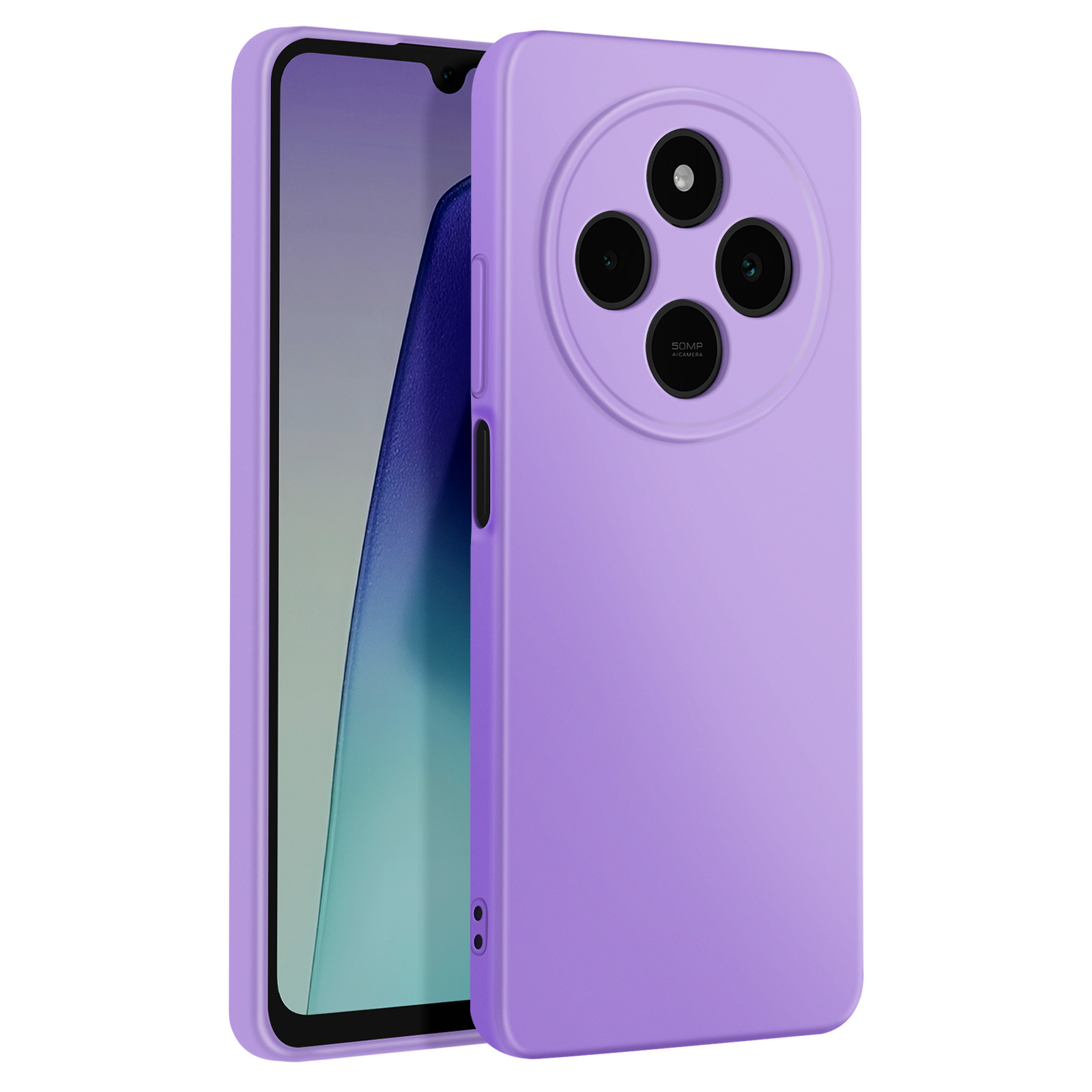 Una custodia viola per telefono e un telefono. La custodia ha un ritaglio circolare per la fotocamera. Lo schermo del telefono è visibile.