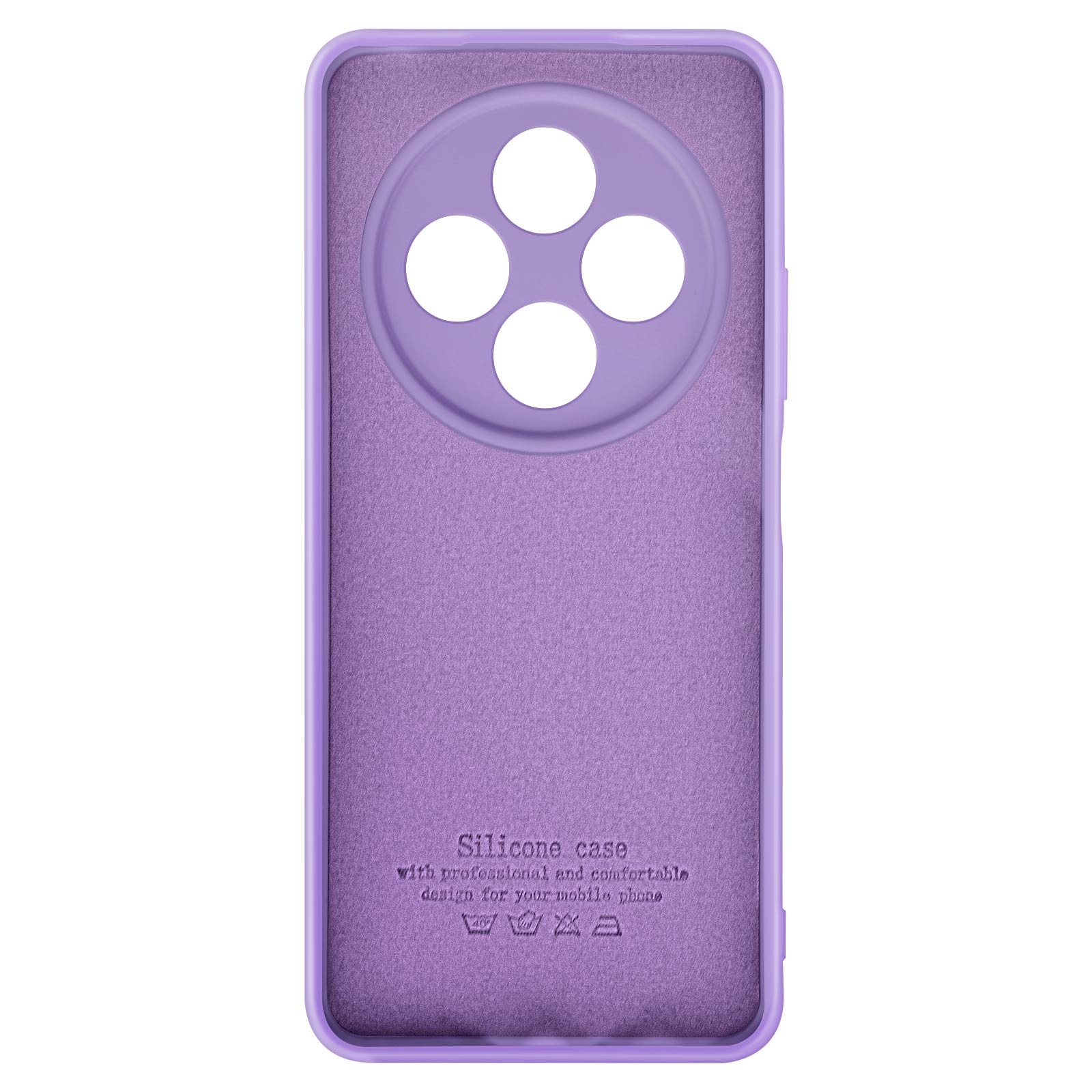 Interno della custodia viola del telefono. Mostra quattro ritagli per la fotocamera. Testo: Custodia in silicone con design professionale per telefono.