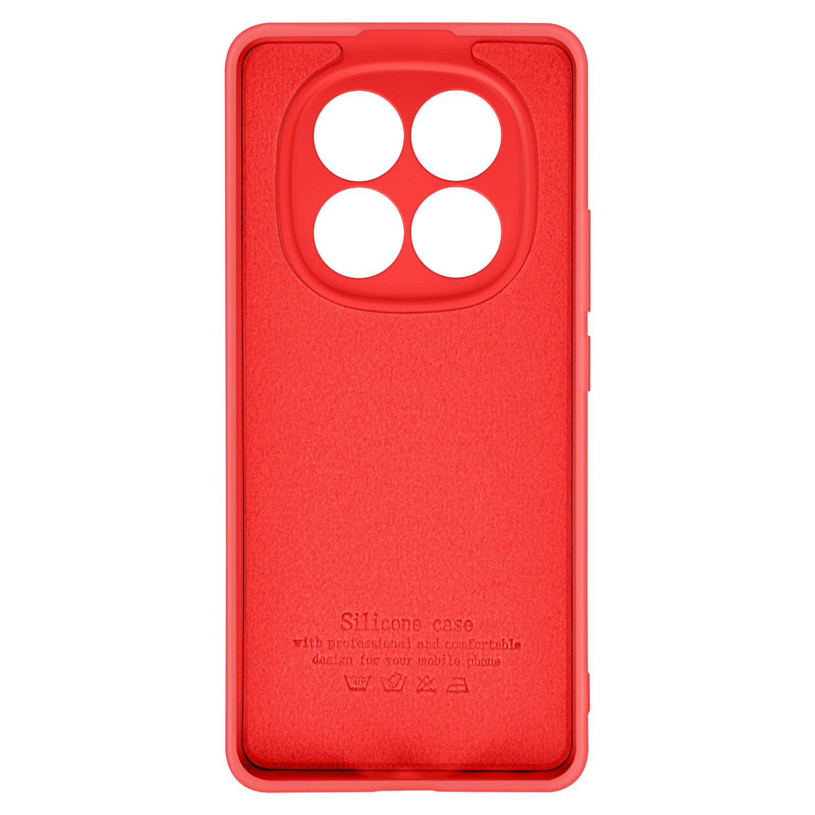 Interno della custodia rossa del telefono. Mostra quattro ritagli per la fotocamera. Testo: Custodia in silicone con design professionale per telefono.