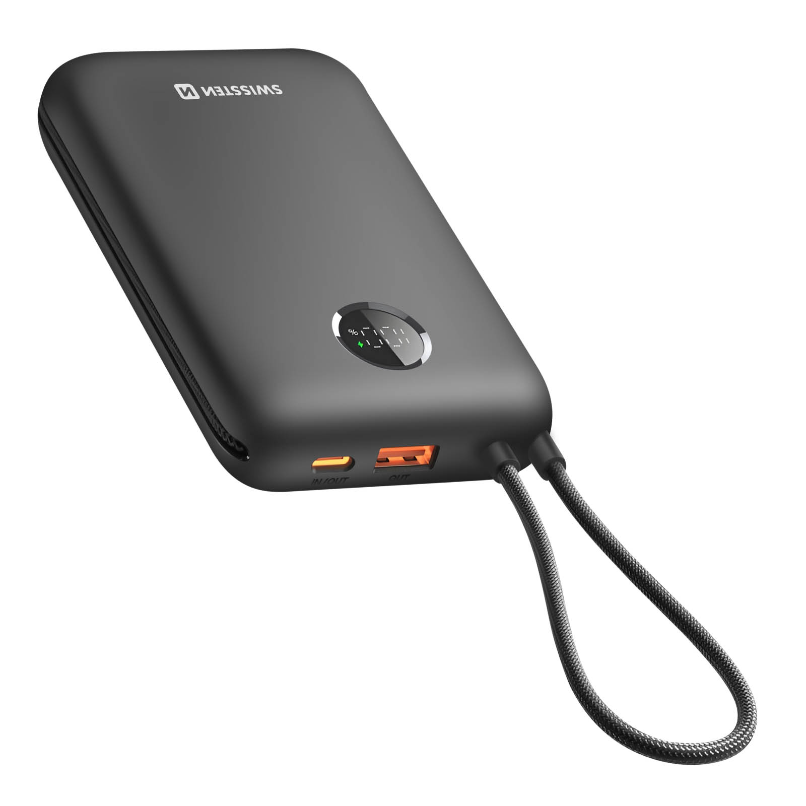 Schwarze Powerbank mit schwarzer Schlaufe. Hat Ein-/Ausgänge und Ladeanzeige.