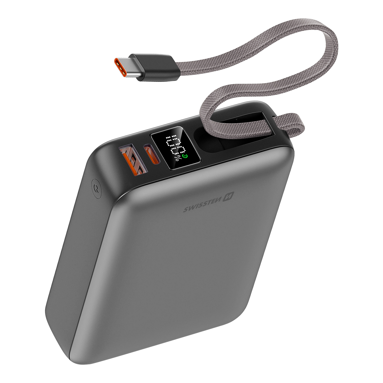 Graue Powerbank mit Anzeige des Ladezustands. USB-C und andere Anschlüsse sichtbar.