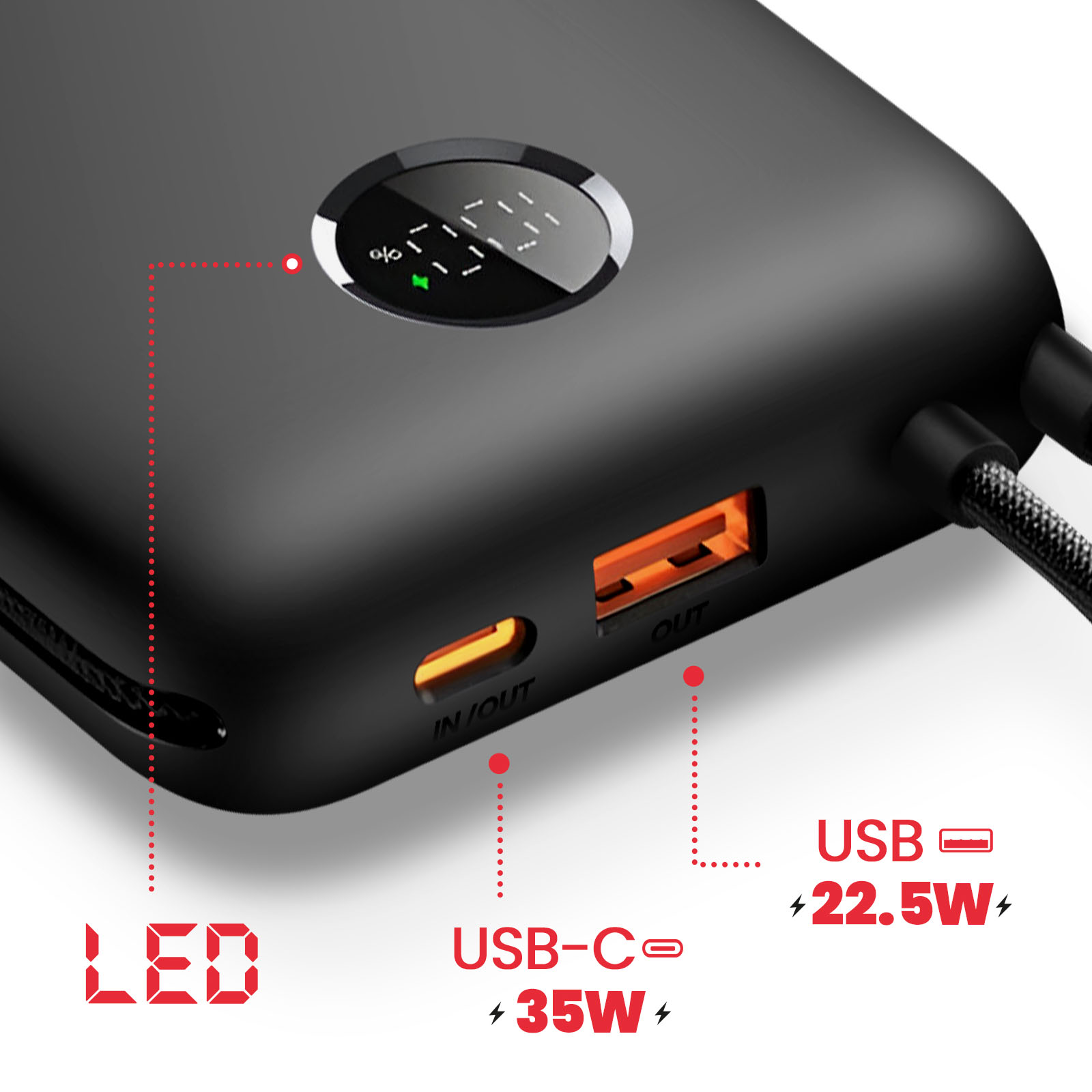 Schwarze Powerbank mit USB-Anschlüssen. Beschriftete Anschlüsse am Gerät: USB, USB-C und LED.