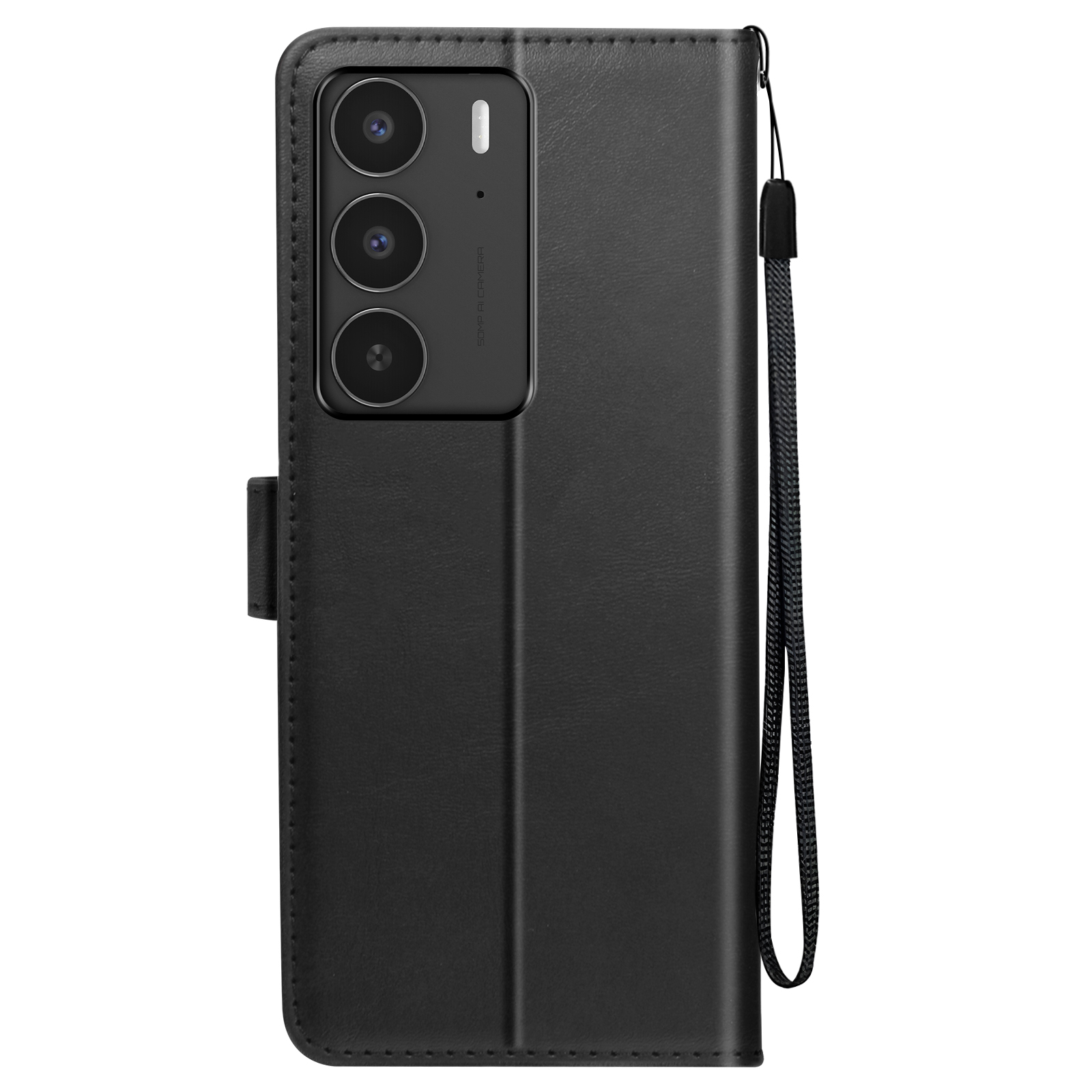 Custodia nera per telefono con tre fotocamere e cinturino. Il telefono è chiuso.
