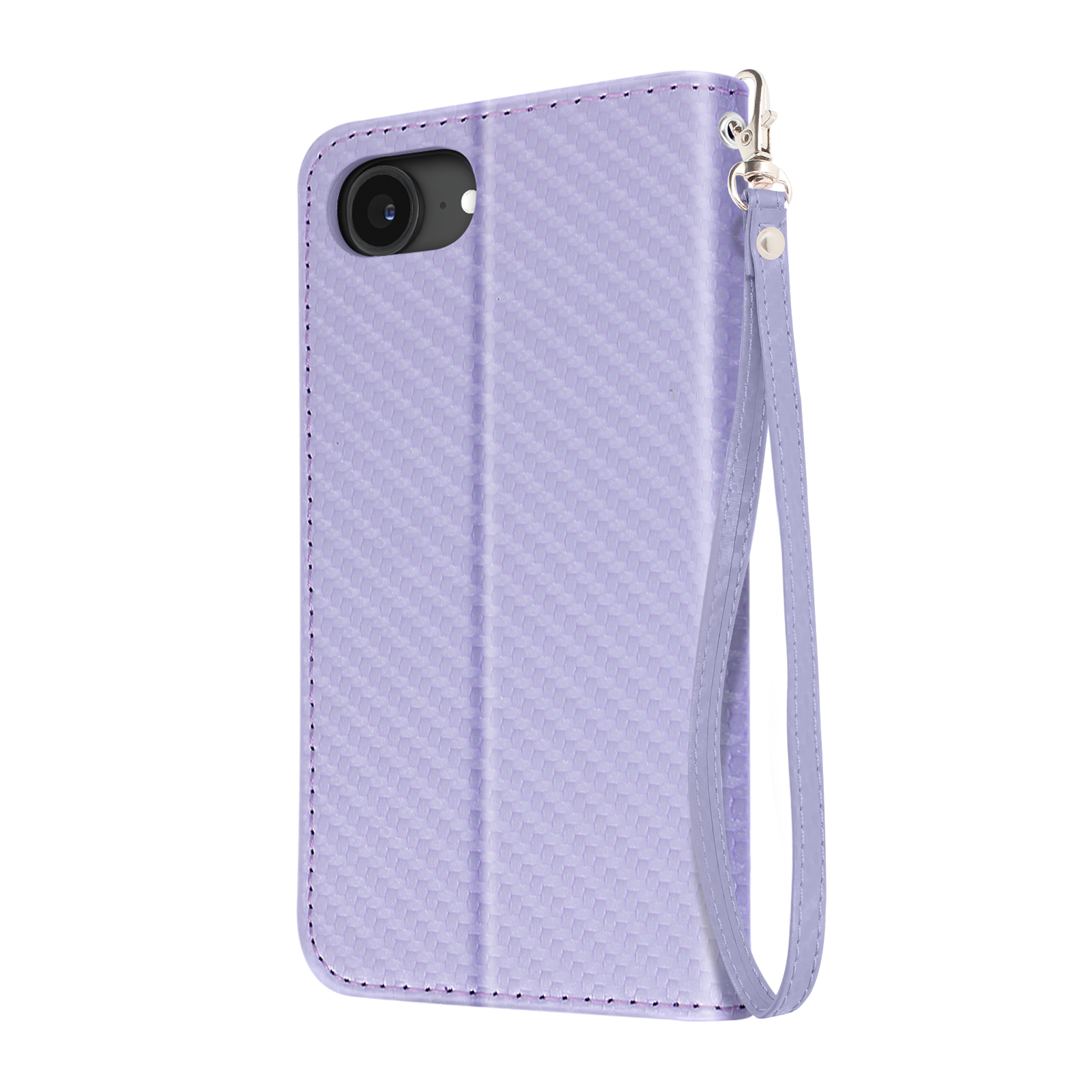 Custodia viola per telefono con una fotocamera e un cinturino. Il telefono è chiuso.
