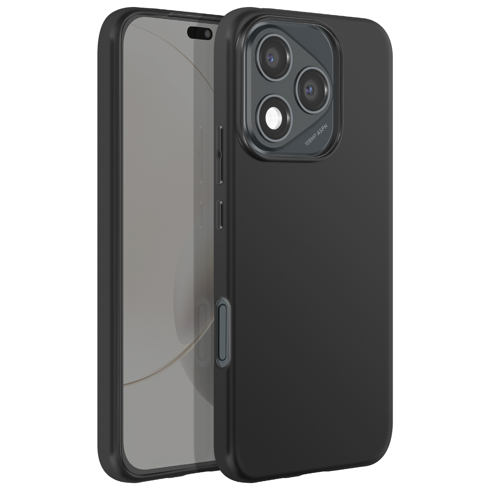 Étui de téléphone noir avec trois caméras. Le téléphone est fermé.