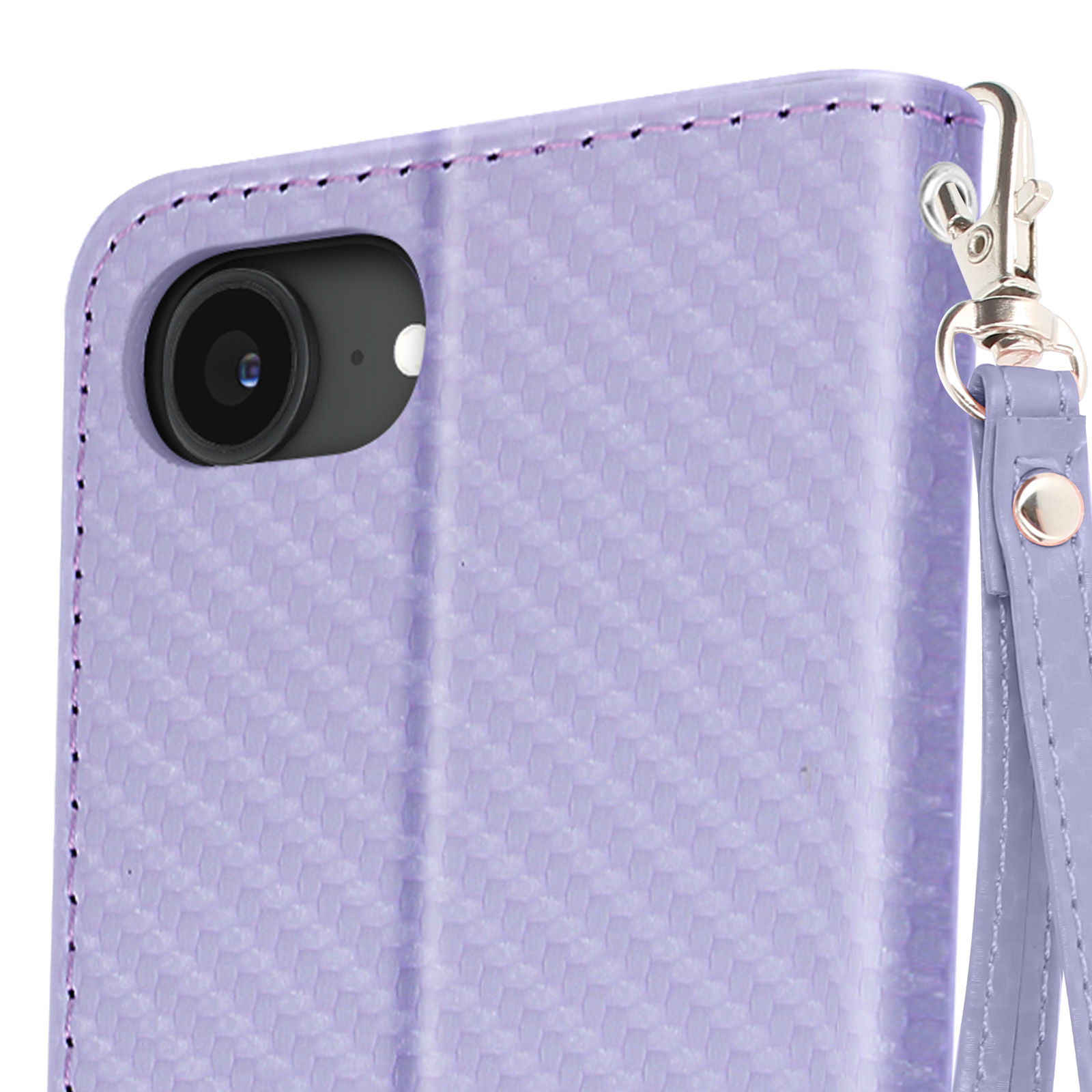 Primo piano di custodia viola con fotocamera e cinturino. Il telefono è chiuso.