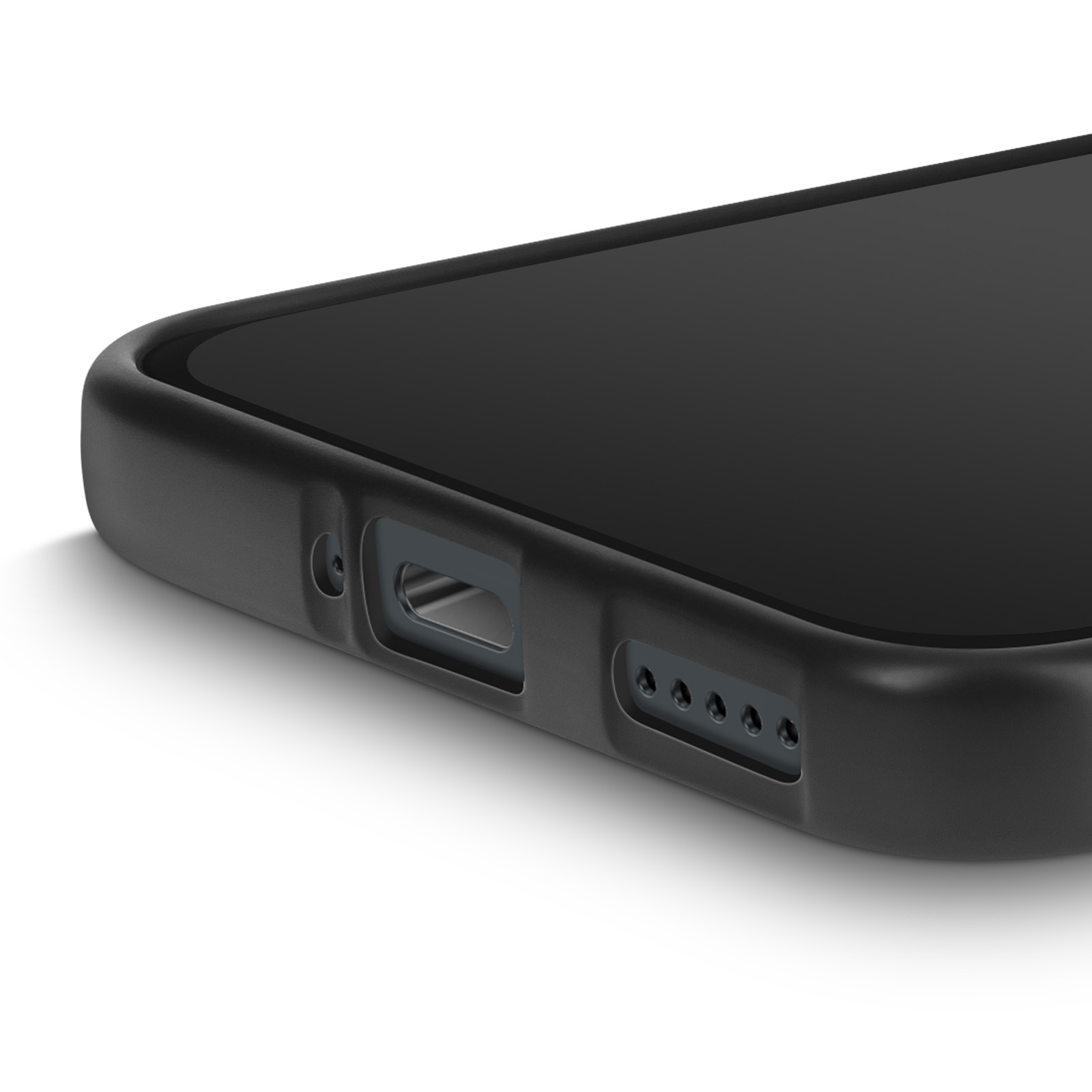 Gros plan d'un téléphone, montrant le port de charge et les haut-parleurs.