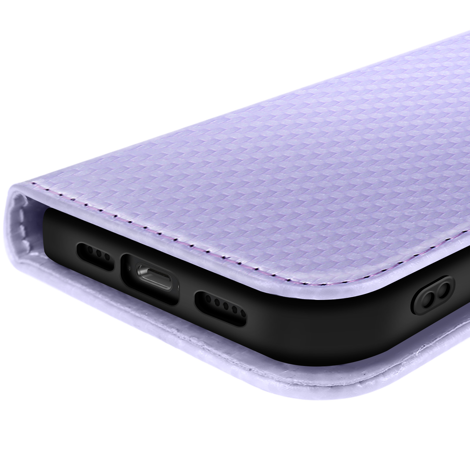 Primo piano di una custodia per telefono, color lavanda, con motivo intrecciato.