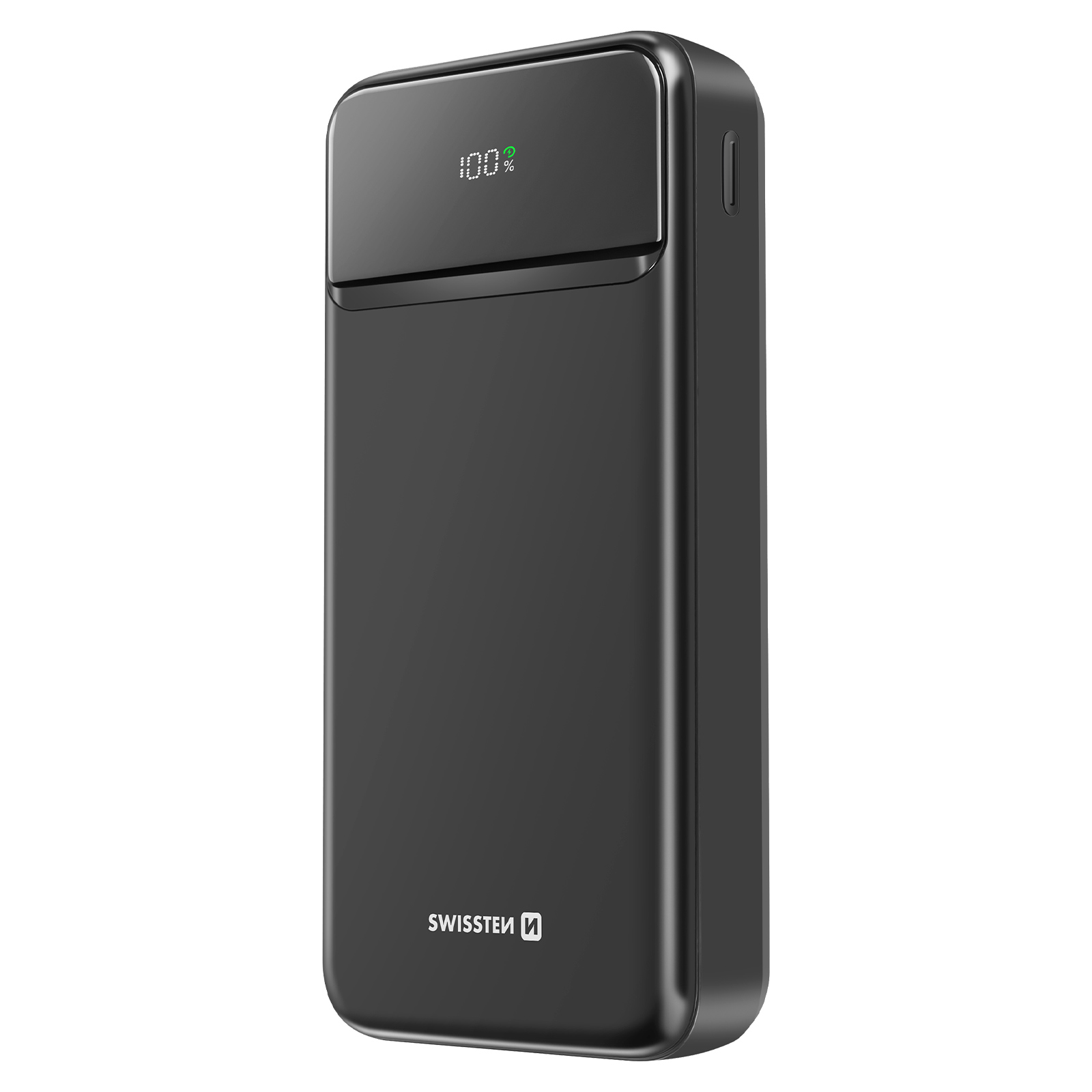 Schwarze Powerbank mit digitaler Anzeige, die 100 % Ladung anzeigt. 'SWISSTEN'-Logo unten.