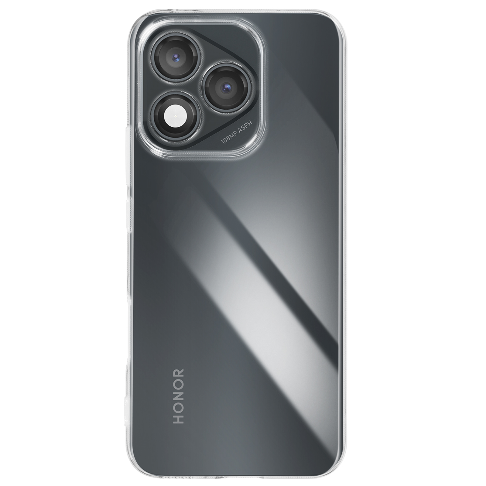 Coque de téléphone transparente avec lentilles de caméra visibles. Le logo HONOR est en bas.