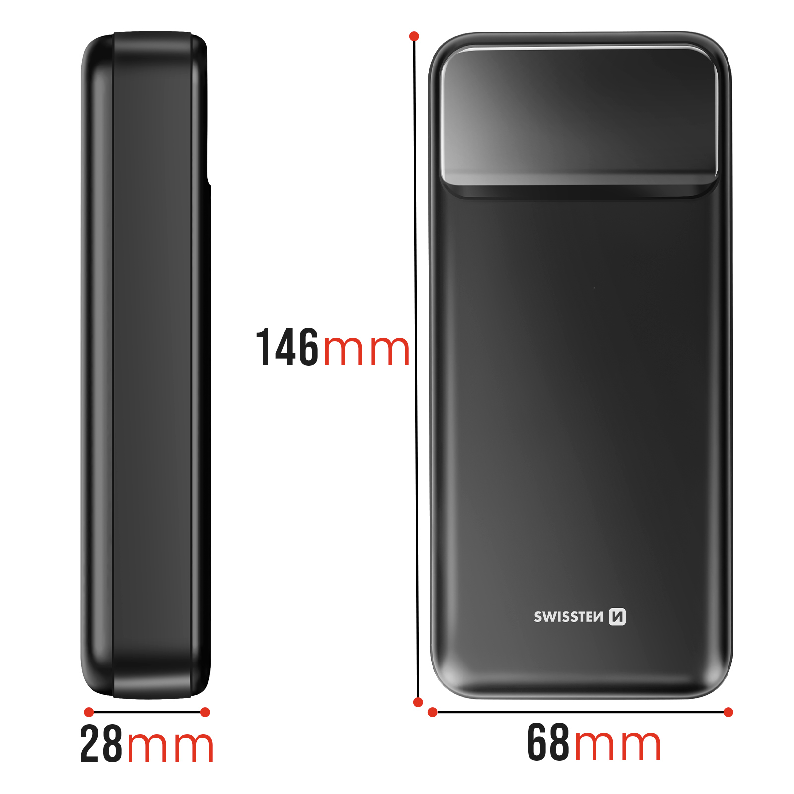 Schwarze Powerbank mit den Abmessungen 146x68x28mm.