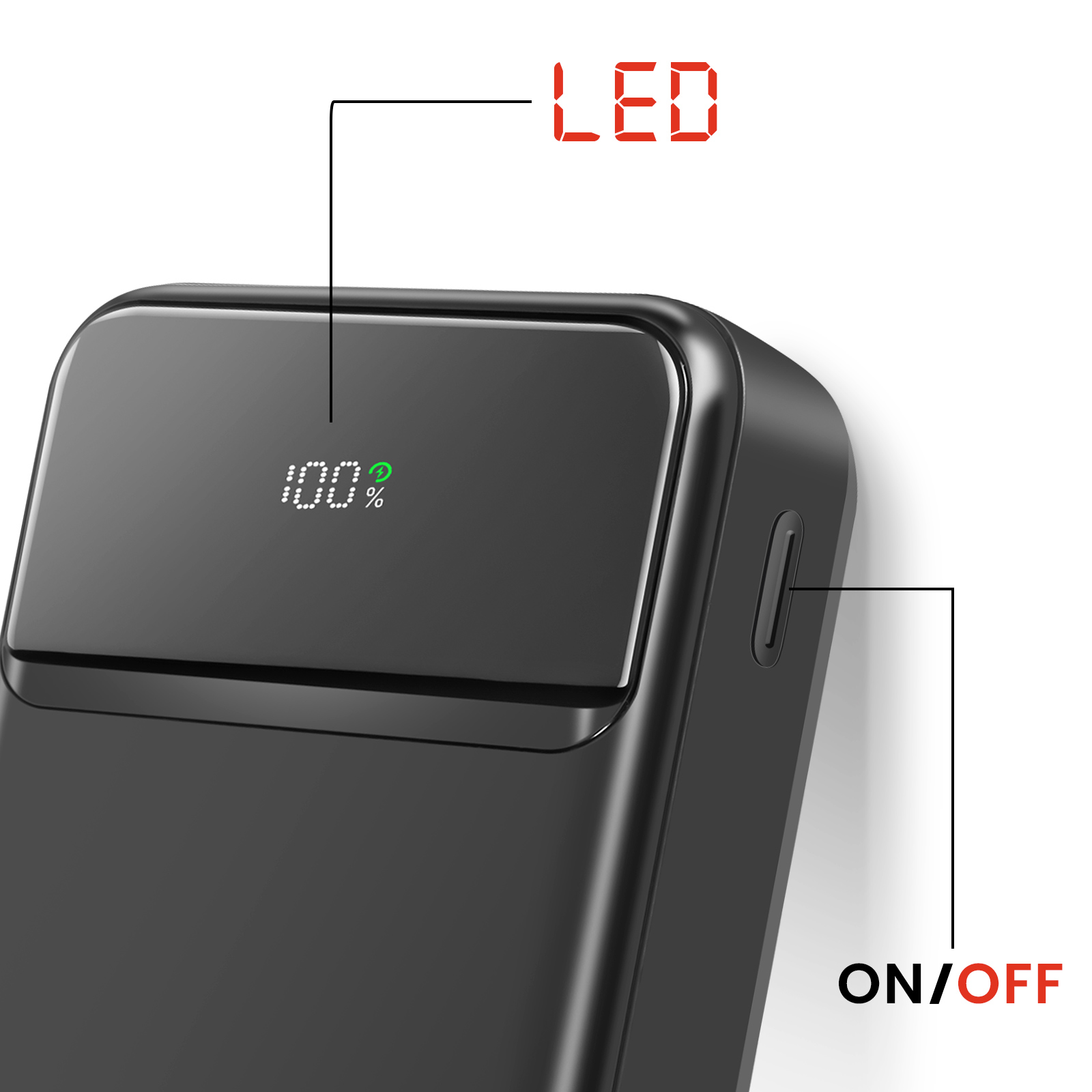 Schwarze Powerbank mit 100% Ladeanzeige und rot markierter Ein/Aus-Taste.