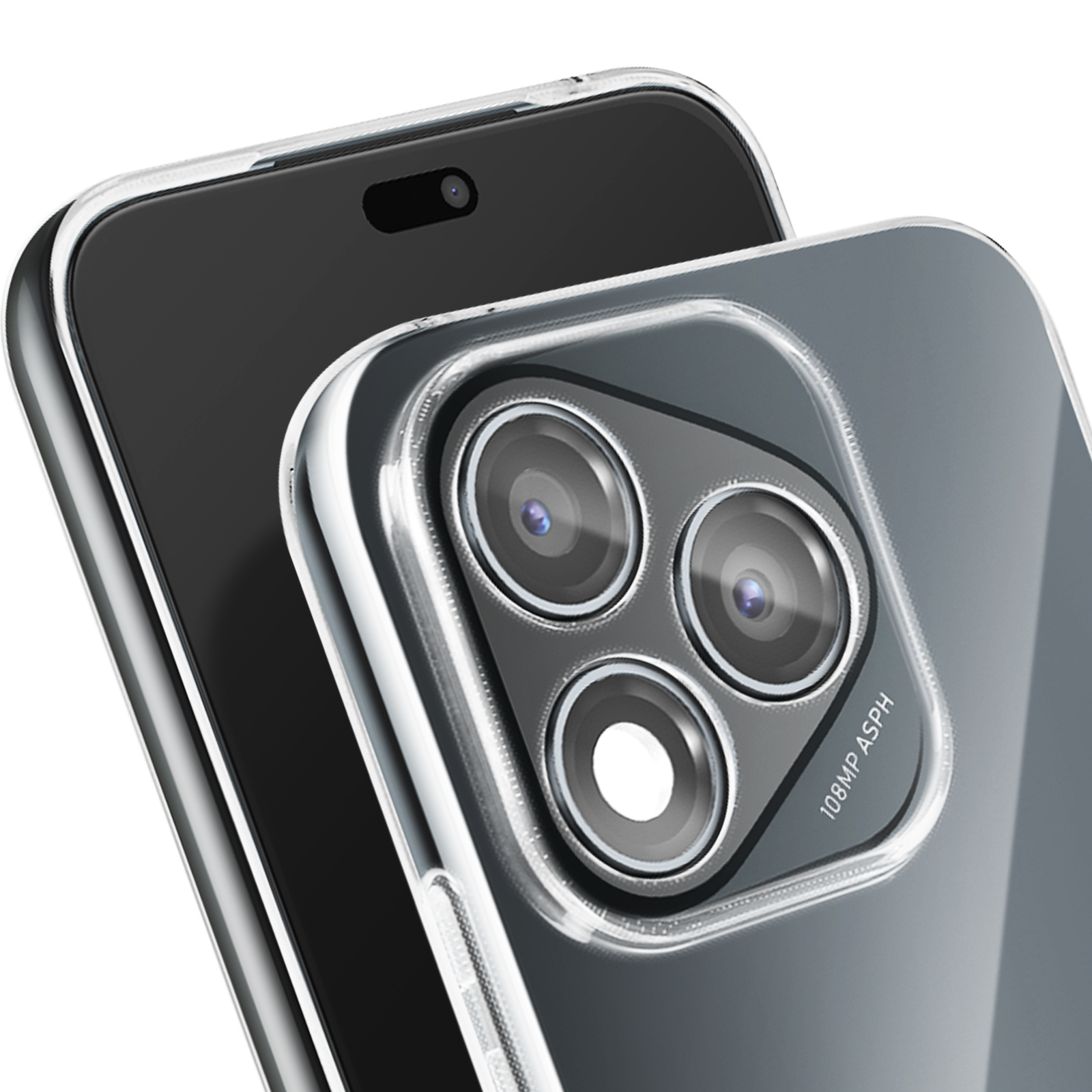 Coque transparente sur un téléphone noir. Objectif visible avec le texte '108MP ASPH'.