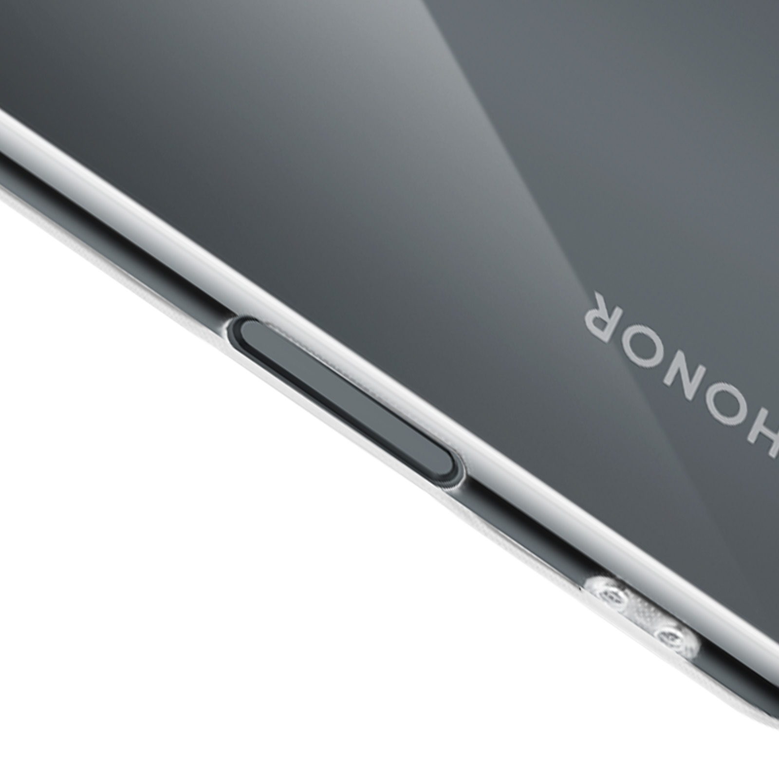 Une coque de téléphone avec le bouton d'alimentation à gauche et le mot "HONOR" à droite.