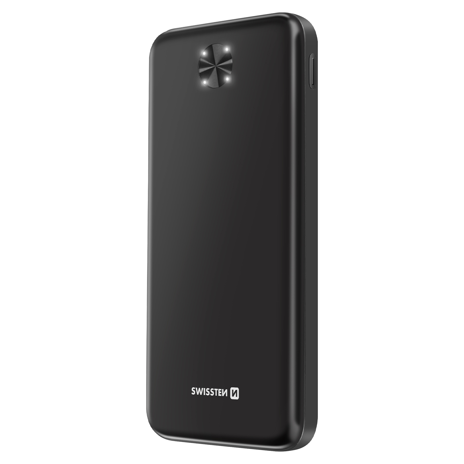 Schwarze Powerbank mit Swissten-Logo. Oben ein Knopf und eine LED-Leuchte.