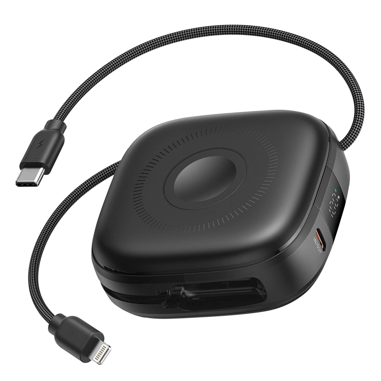 Schwarzes Ladegerät mit mehreren Anschlüssen und einem USB-C-Kabel. Lightning-Kabel befestigt.