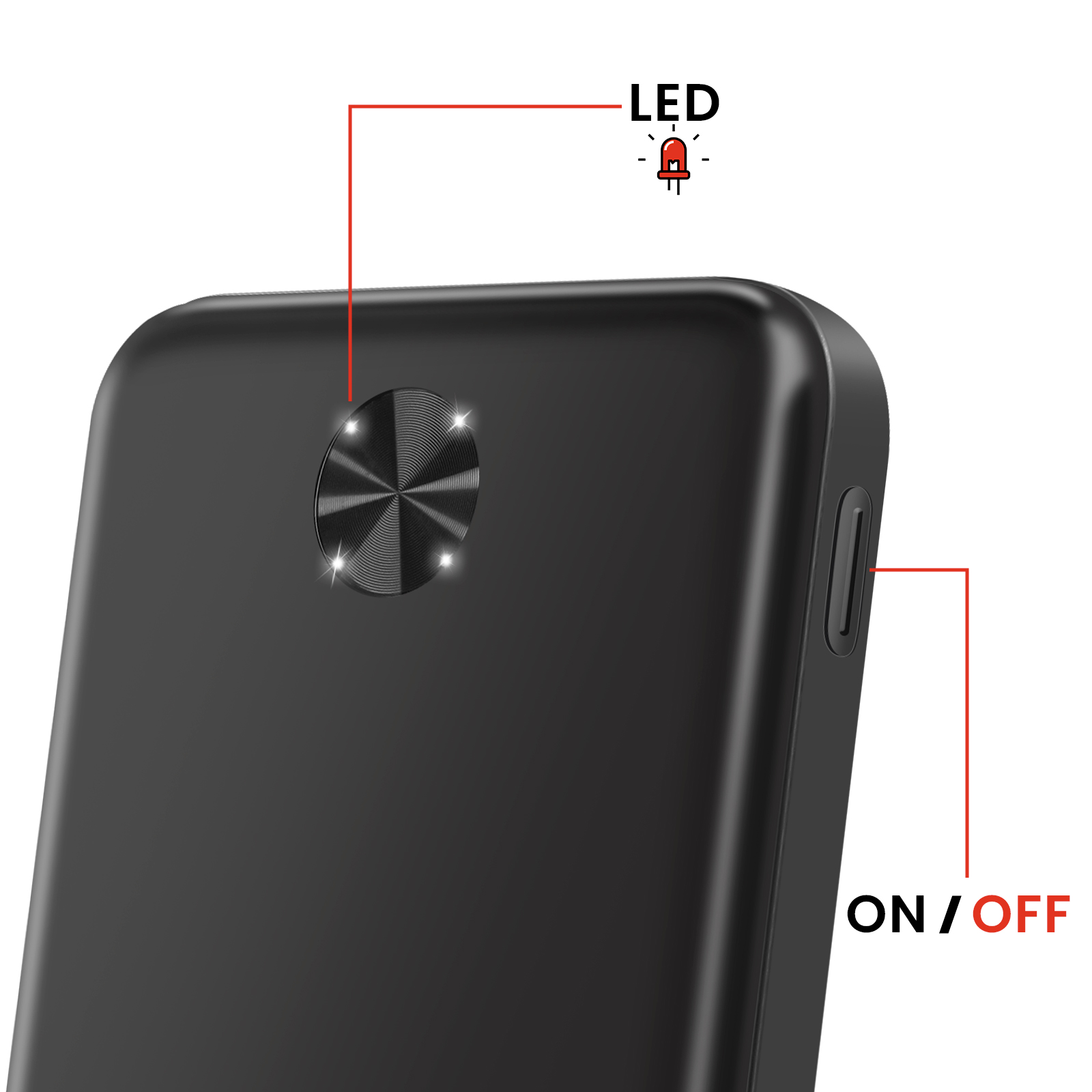 Schwarze Powerbank mit rot markierter Ein/Aus-Taste und LED-Leuchte.