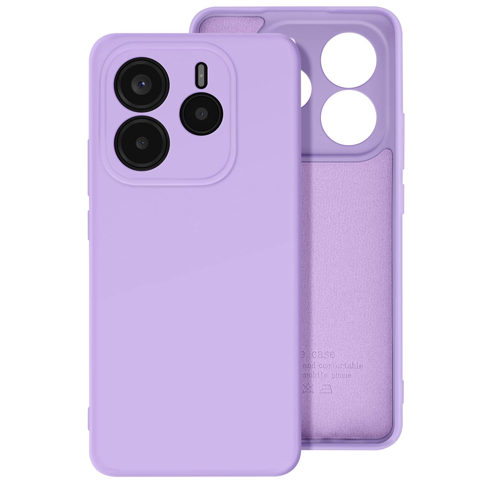 Custodia per telefono viola con ritagli per la fotocamera. Il retro ha l'etichetta "e case".