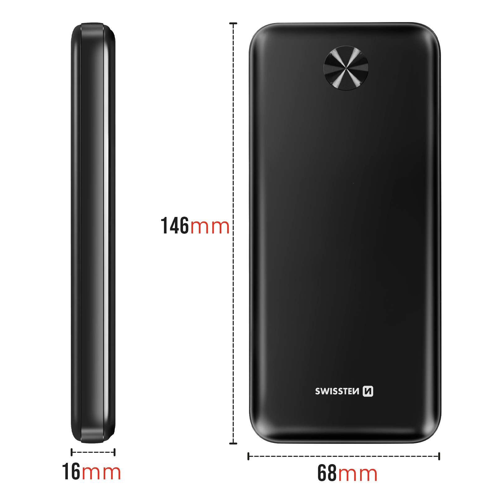 Schwarze Powerbank mit Abmessungen: 16 mm dick, 146 mm hoch und 68 mm breit. Swissten-Logo.