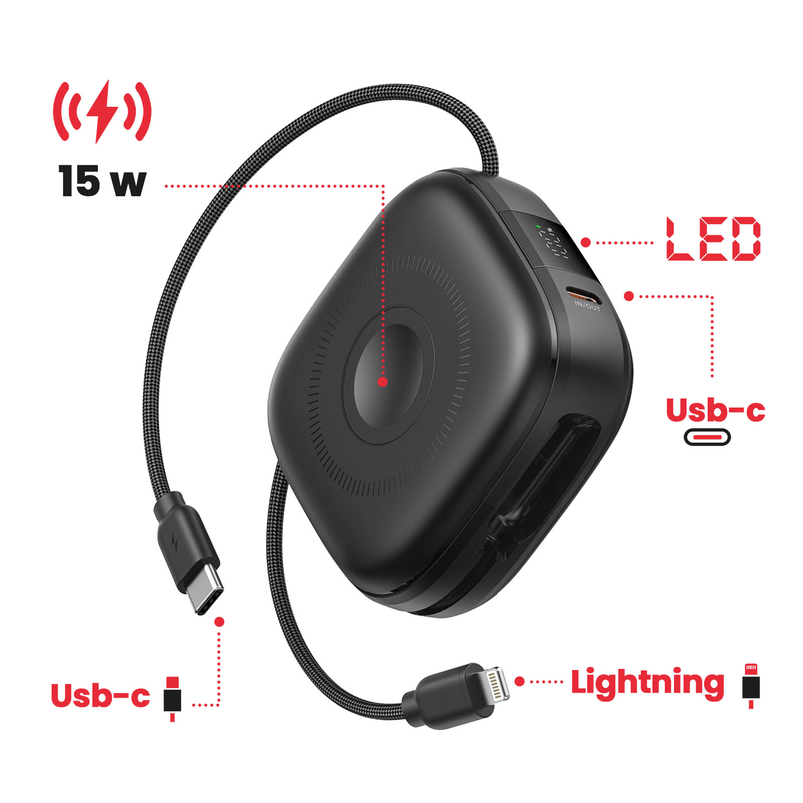 Schwarze Powerbank mit mehreren Anschlüssen und kabellosem Laden. Beschriftungen: USB-C, Lightning, LED.