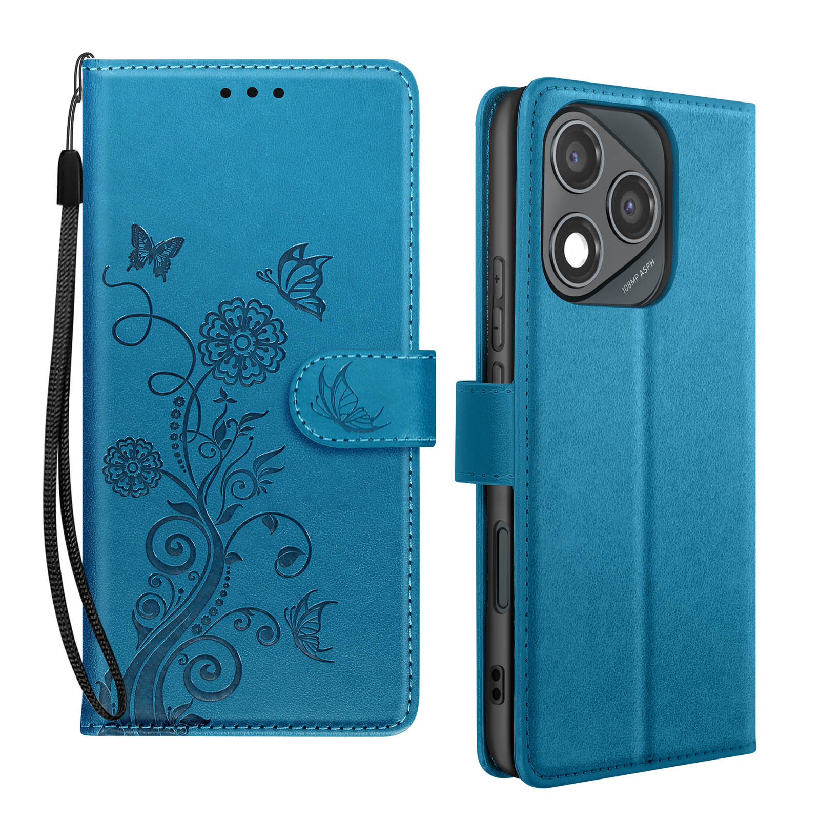 Custodia blu con goffratura floreale e cinturino, con un telefono.