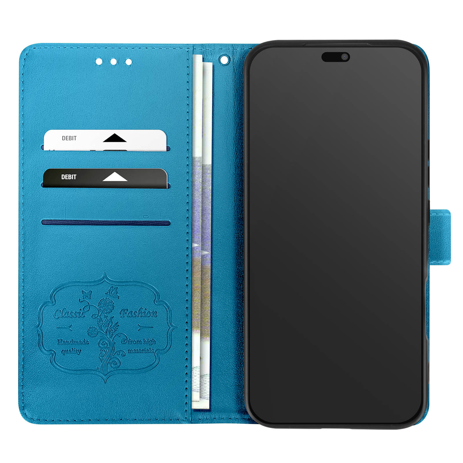 Interno di custodia blu con carte di debito, design floreale e un telefono.