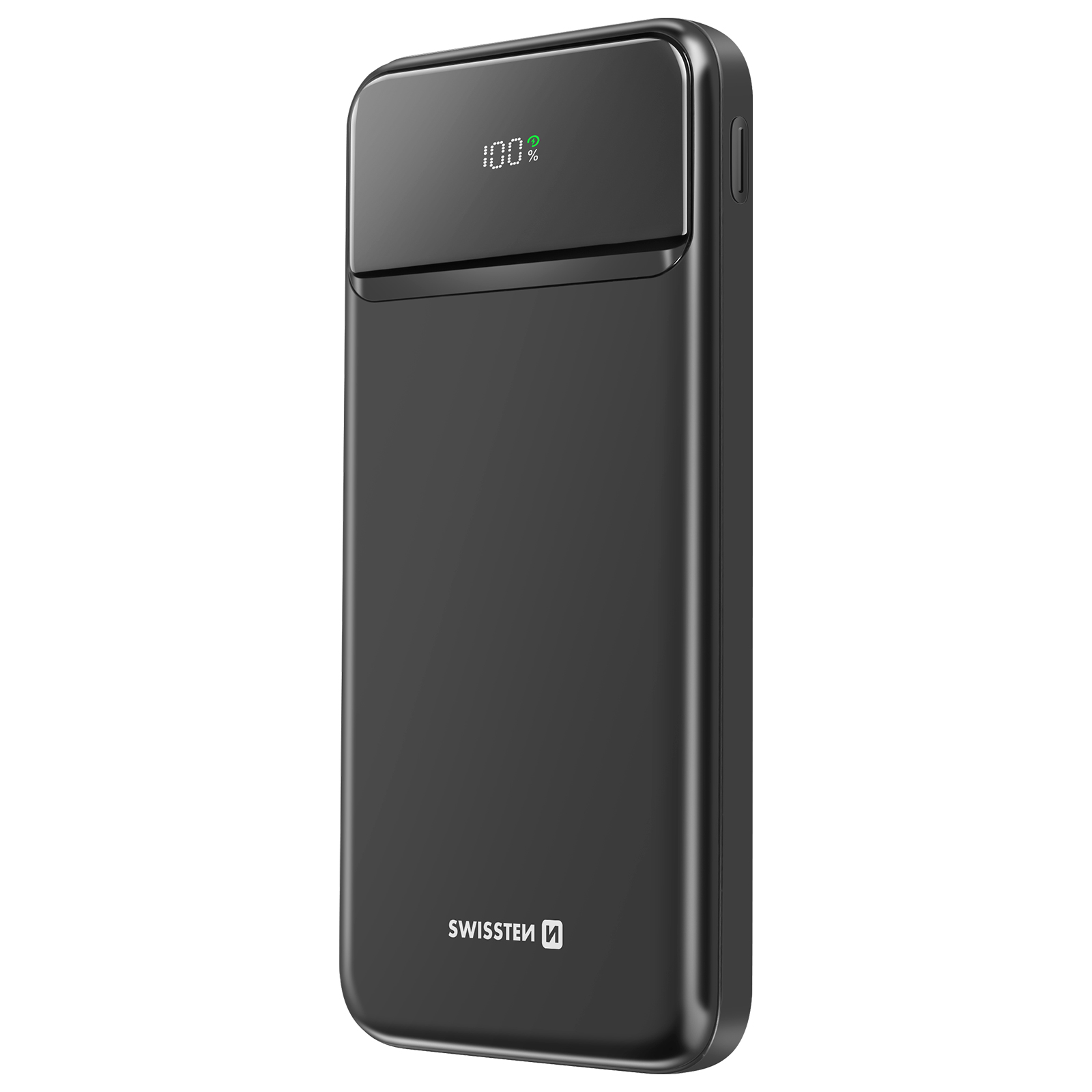Batterie externe noire avec un écran affichant 100% et le logo SwissTEN.