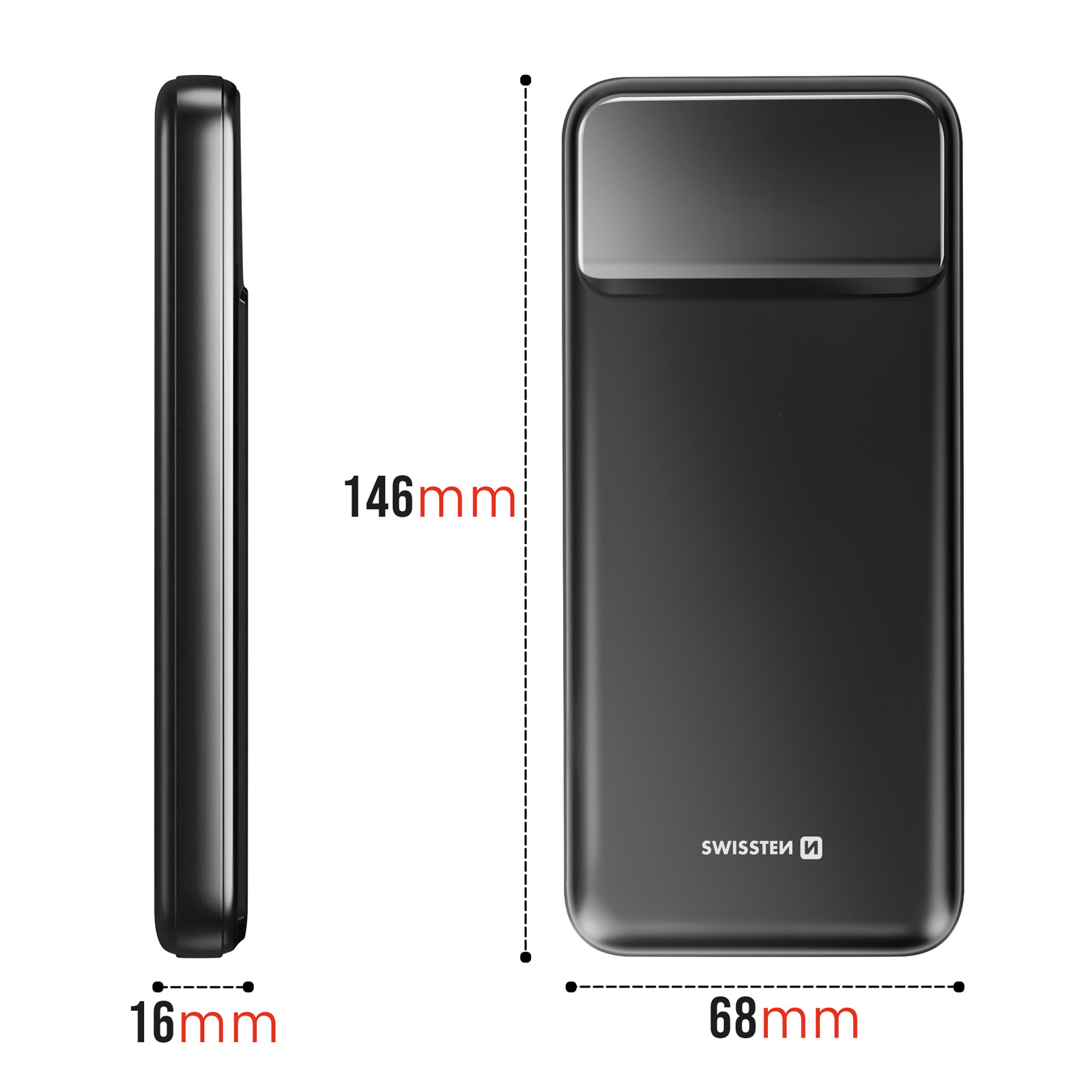 Batterie externe noire, montrant les dimensions : 146 mm de hauteur, 68 mm de largeur et 16 mm d'épaisseur.