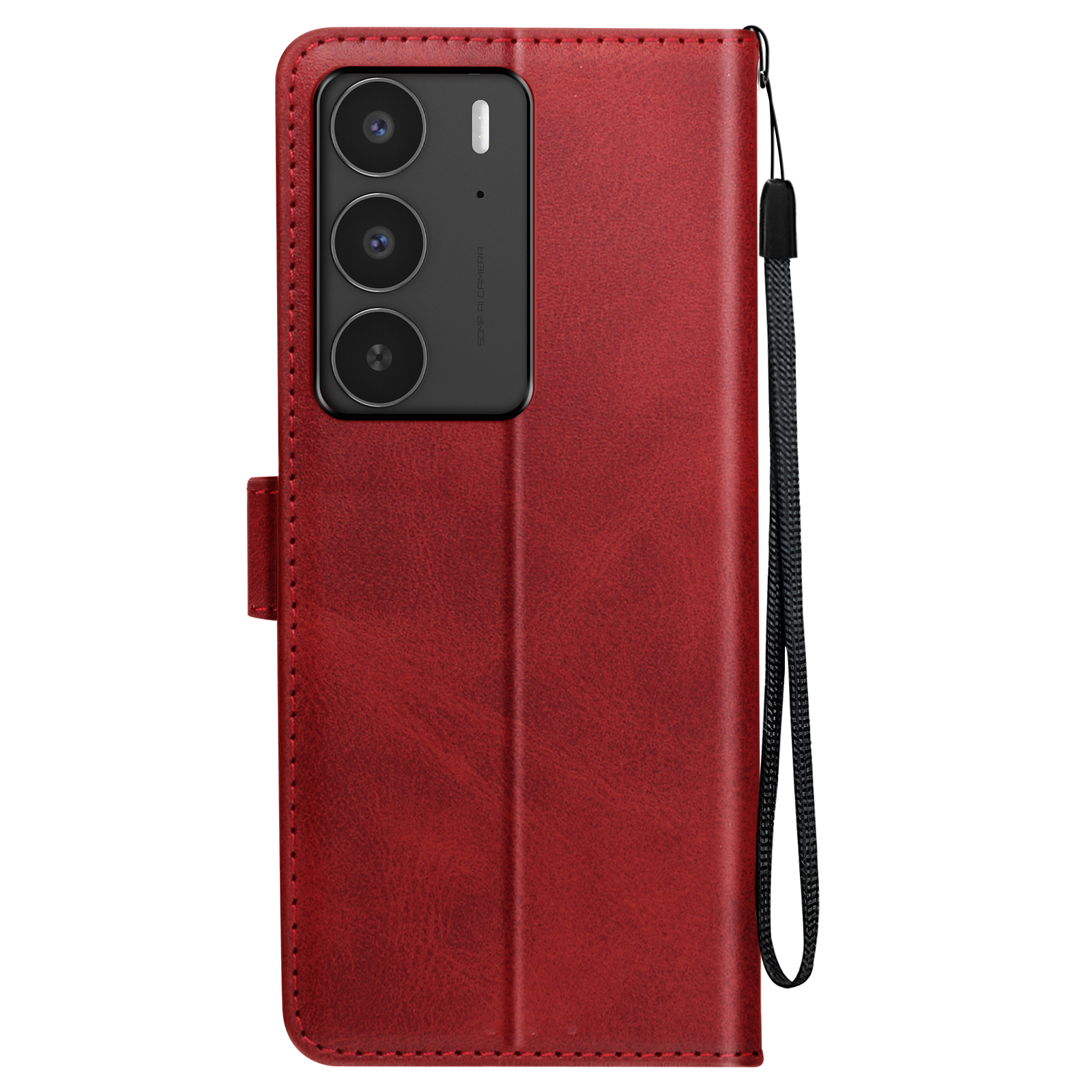 Custodia in pelle rossa con telefono dentro, chiusa. Ha un cinturino da polso. Sfondo bianco.