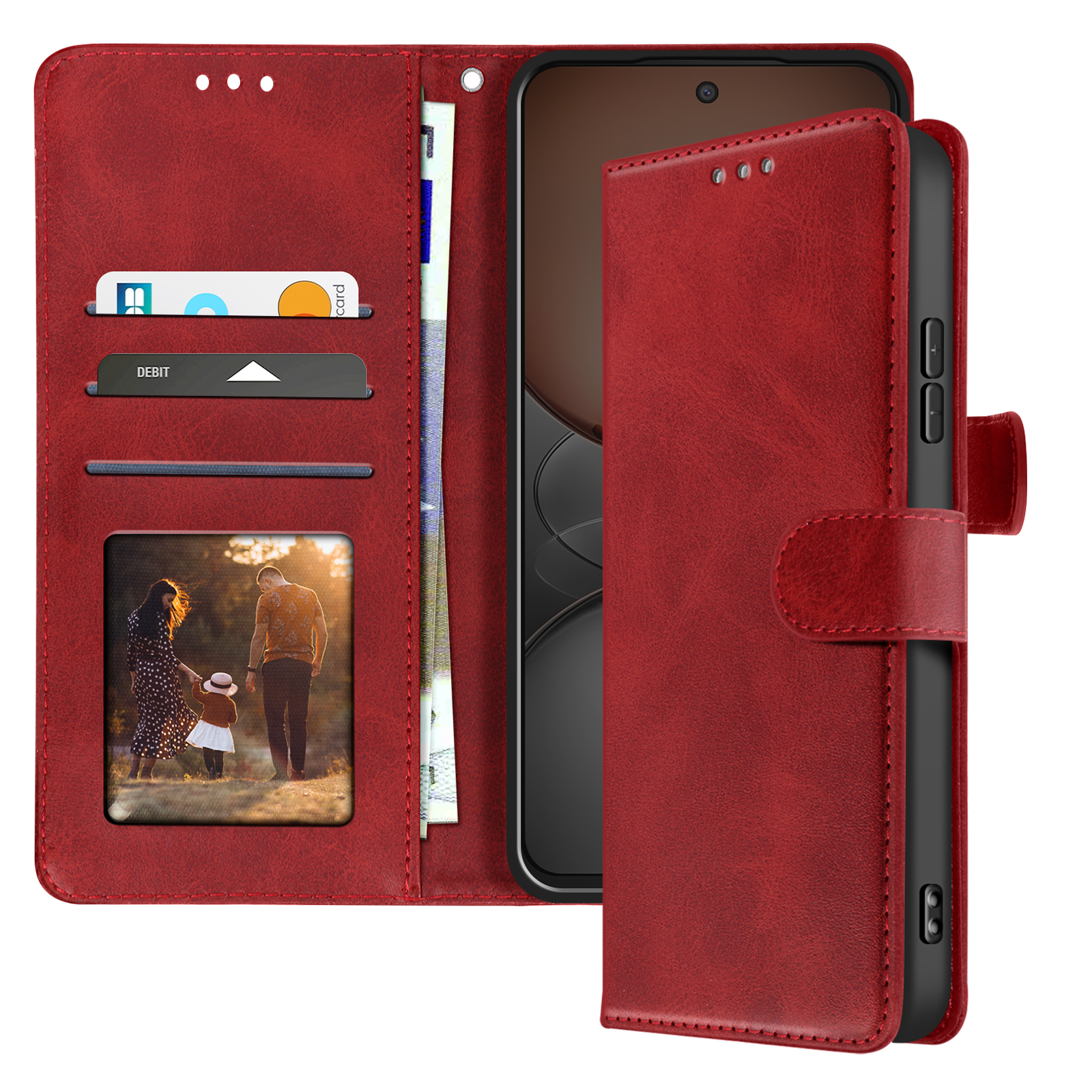 Interno di custodia rossa con carte di debito, foto e banconota in euro, con un telefono.