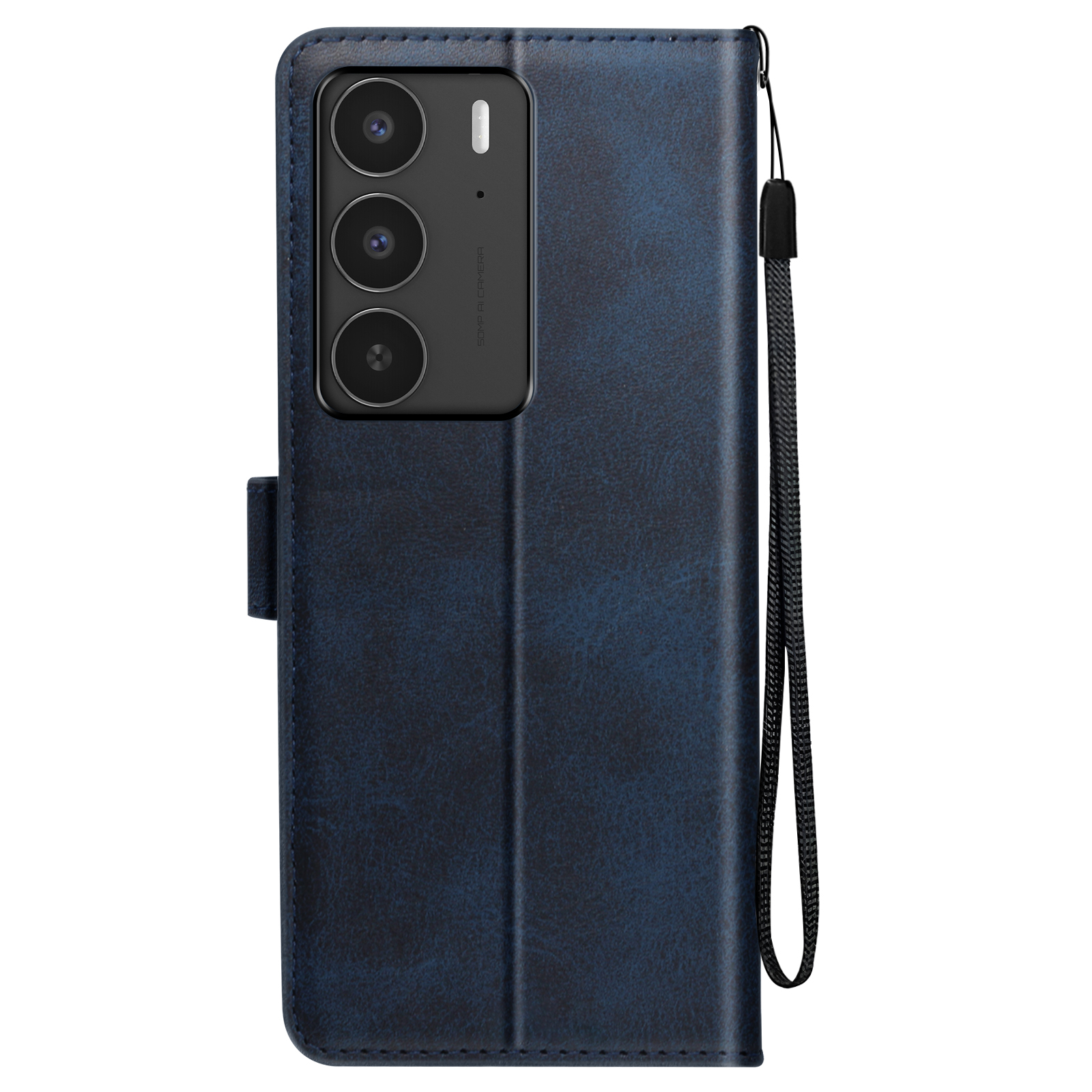 Custodia blu per telefono con fori fotocamera, cinturino e design a portafoglio.