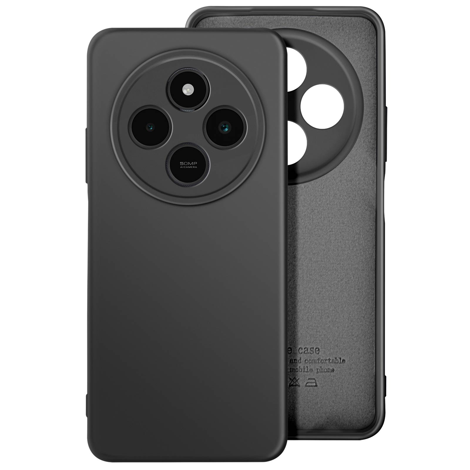Custodia nera per telefono, con un ritaglio circolare per la fotocamera, che mostra il retro del telefono.