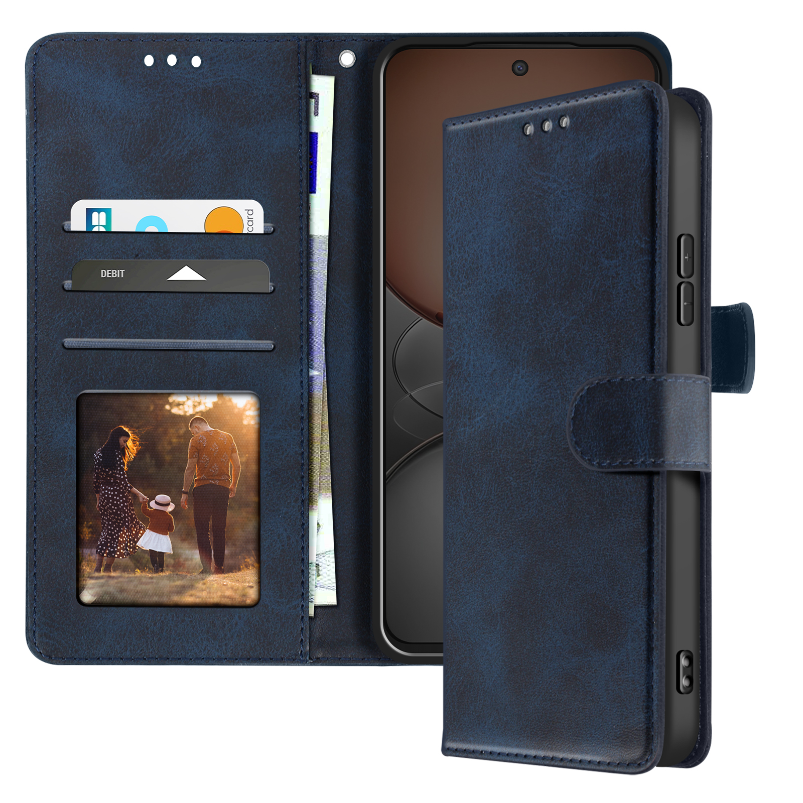 Custodia blu aperta con telefono, carte, denaro e foto di famiglia visibili.