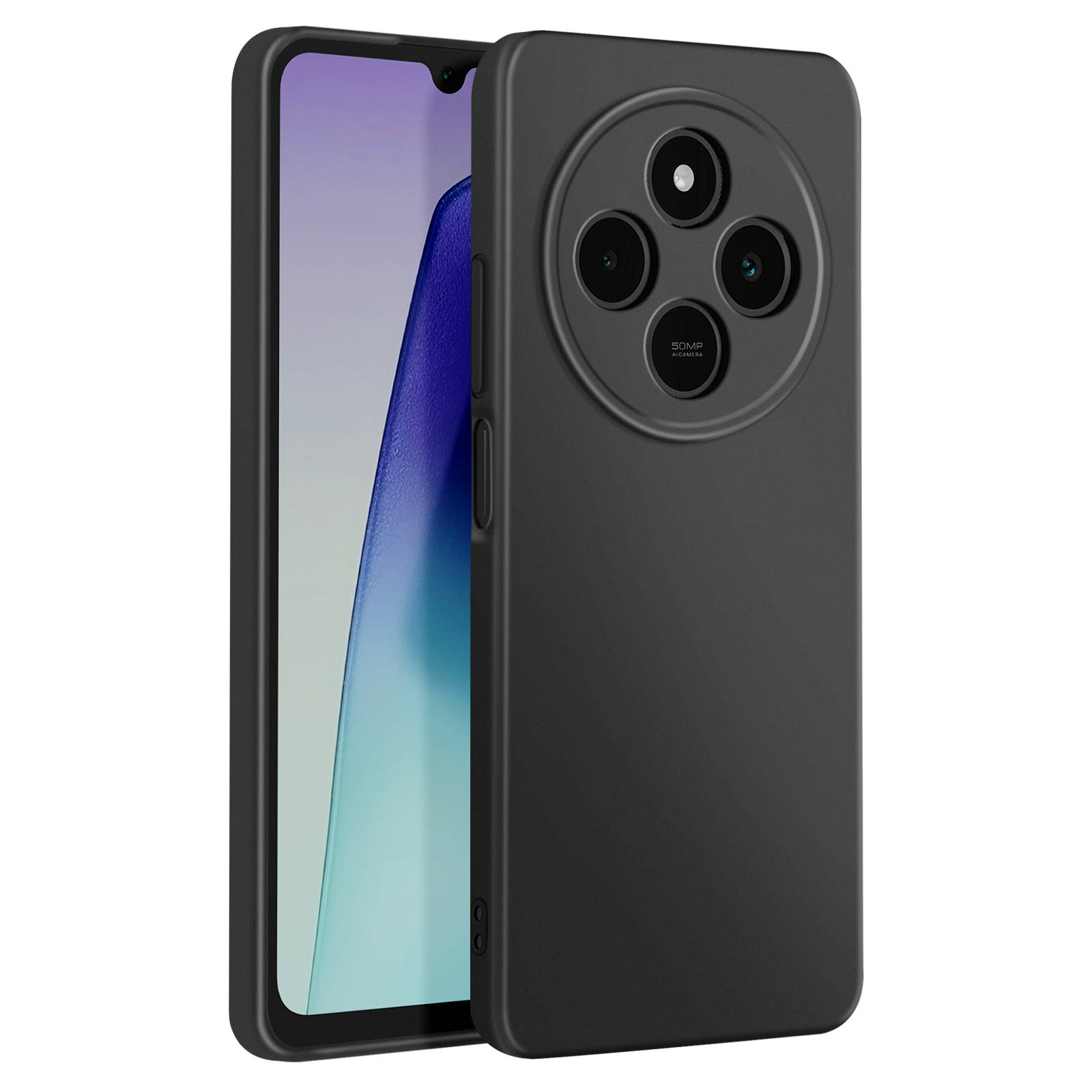 Un telefono nero in una custodia nera. La custodia ha una protuberanza della fotocamera circolare. Lo schermo è visibile.