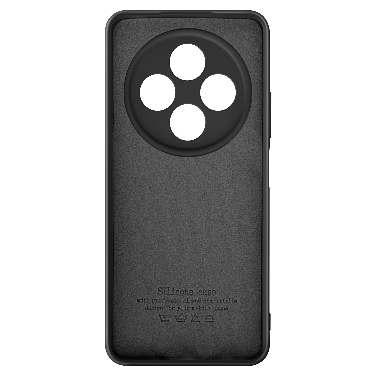 Interno della custodia in silicone nero con testo: Custodia in silicone. Istruzioni per la cura del telefono.