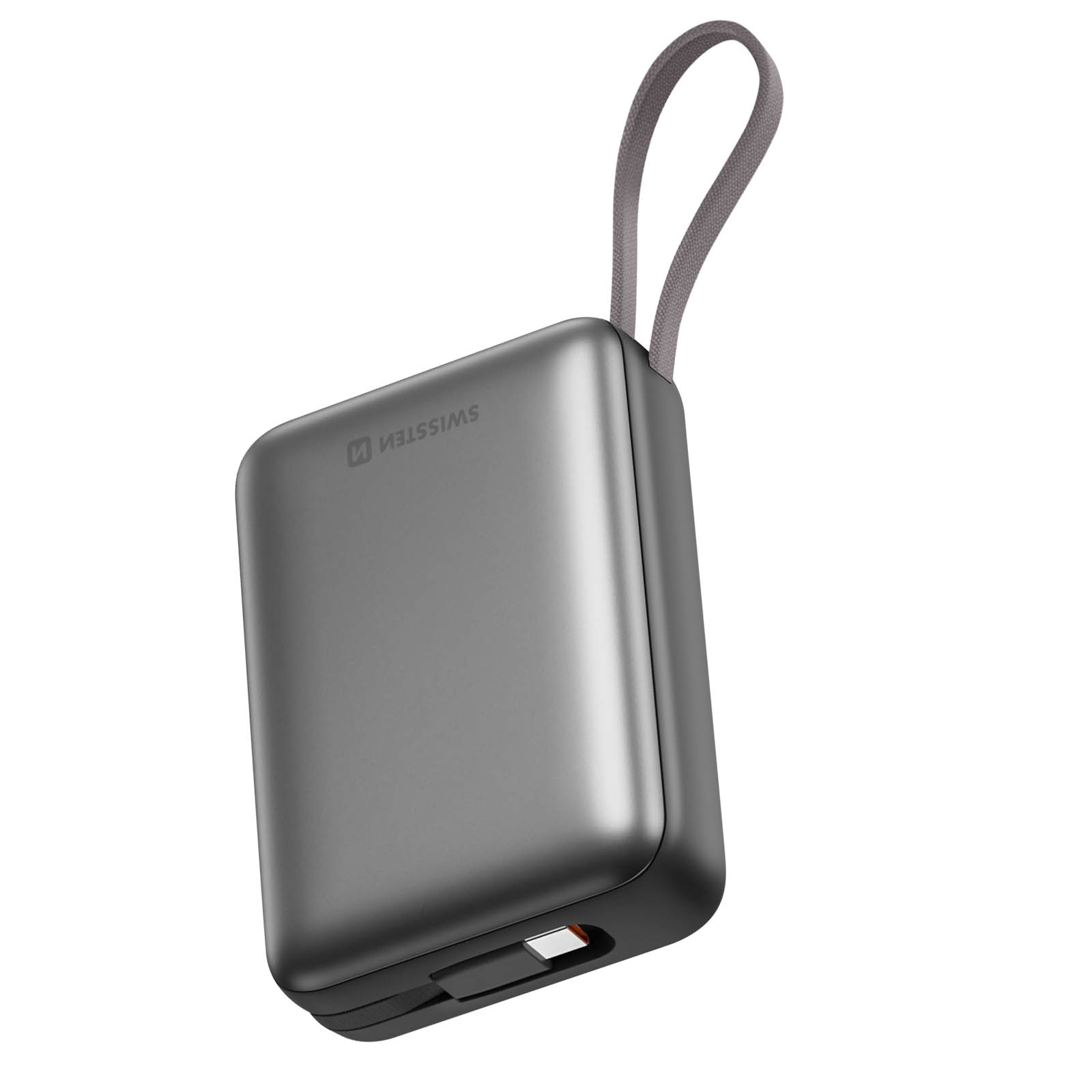 Un power bank grigio. Una cinghia grigio scuro è attaccata alla parte superiore. La porta USB è visibile in basso.