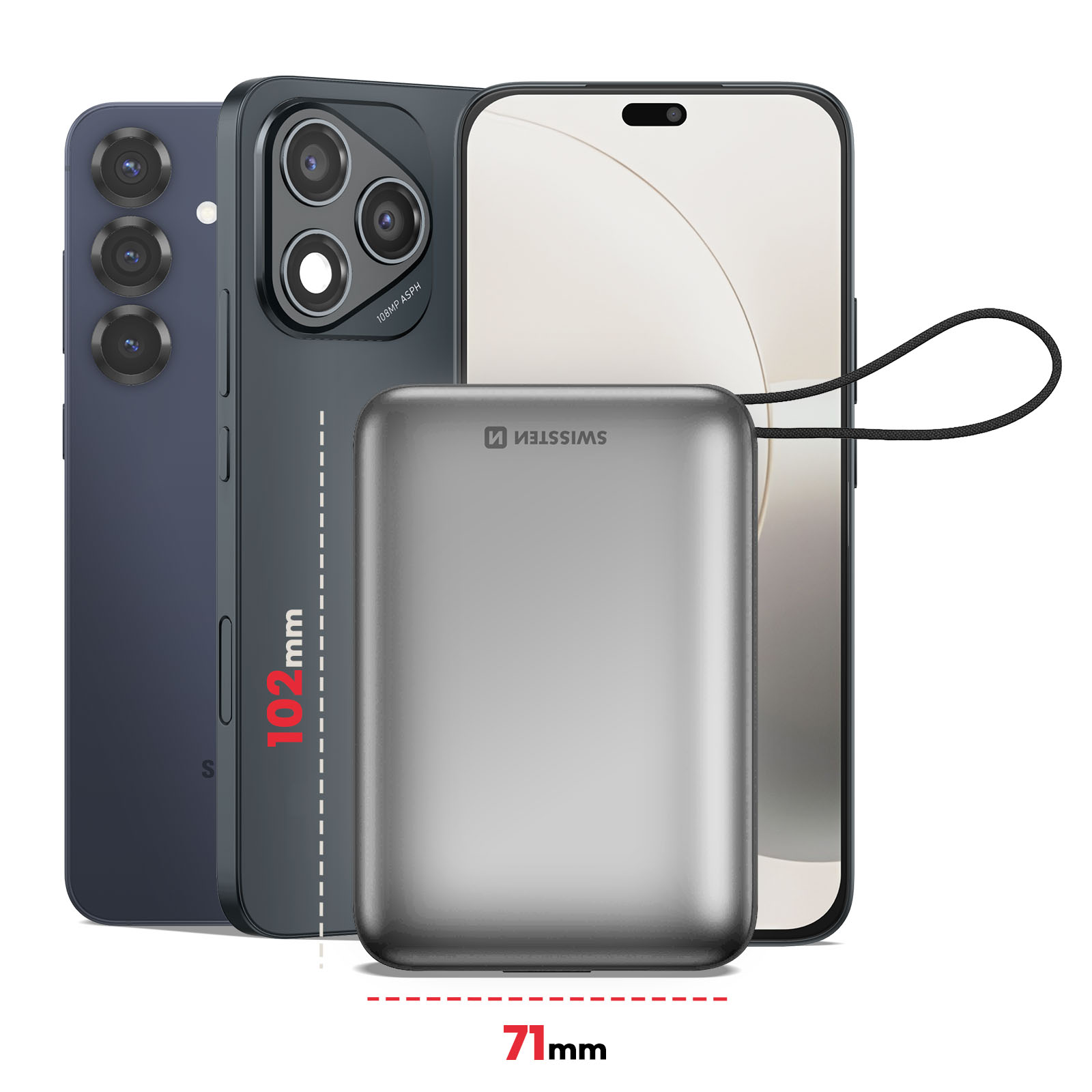 Telefoni, power bank e misure. Due telefoni a sinistra, power bank al centro.